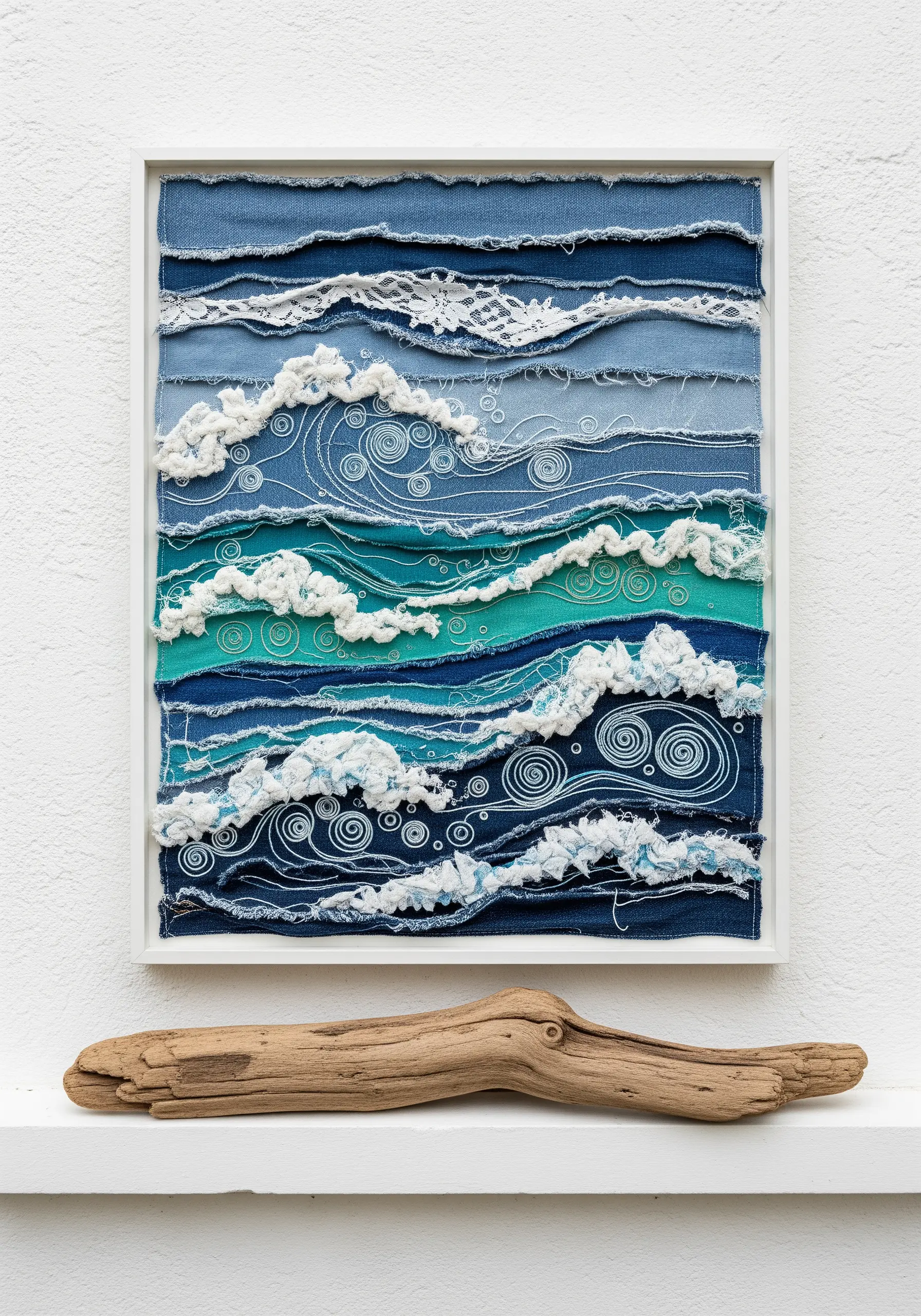 Layered denim and lace ocean wave embroidery