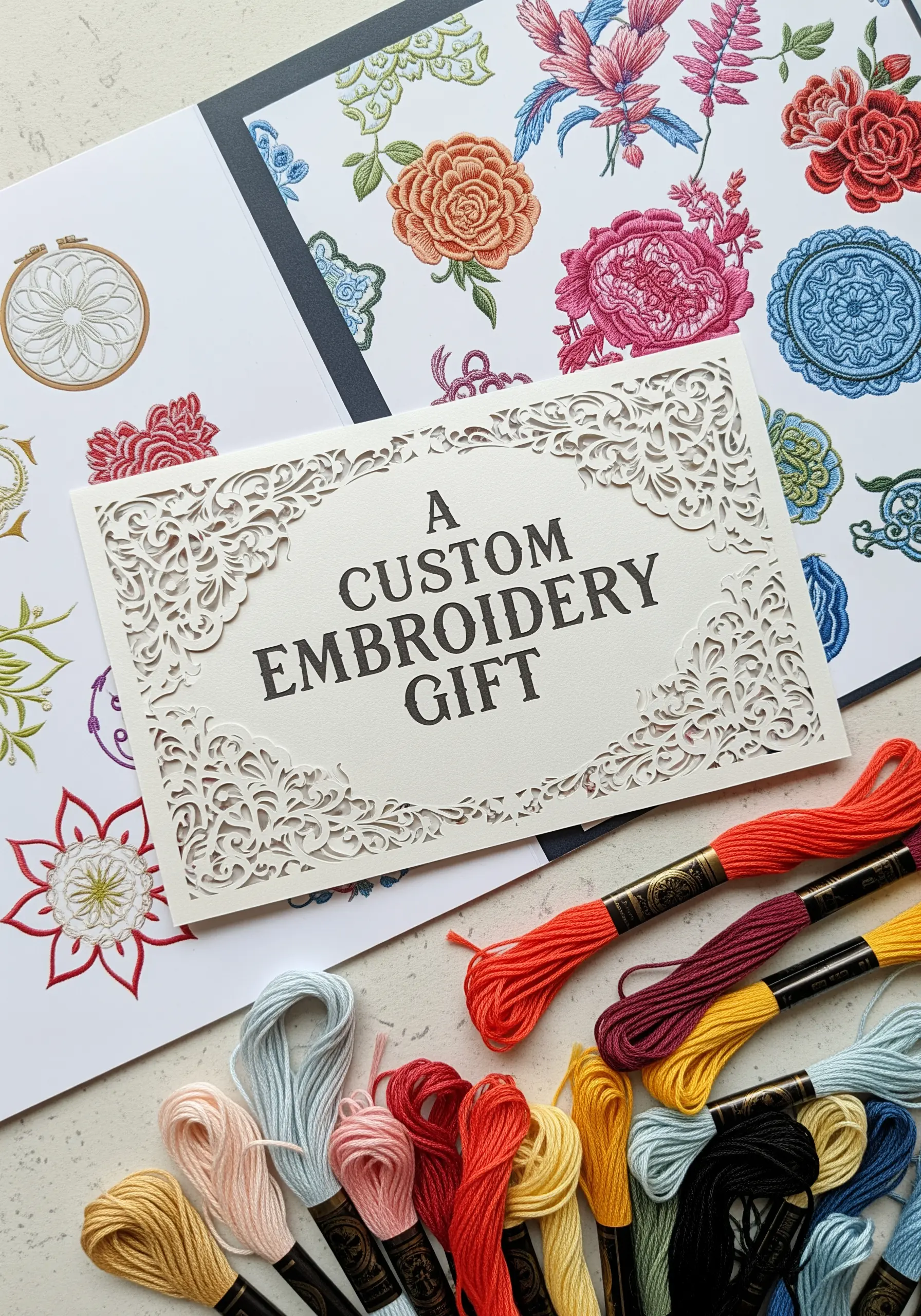 A gift certificate for a custom embroidery project, made from paper with a laser-cut border.