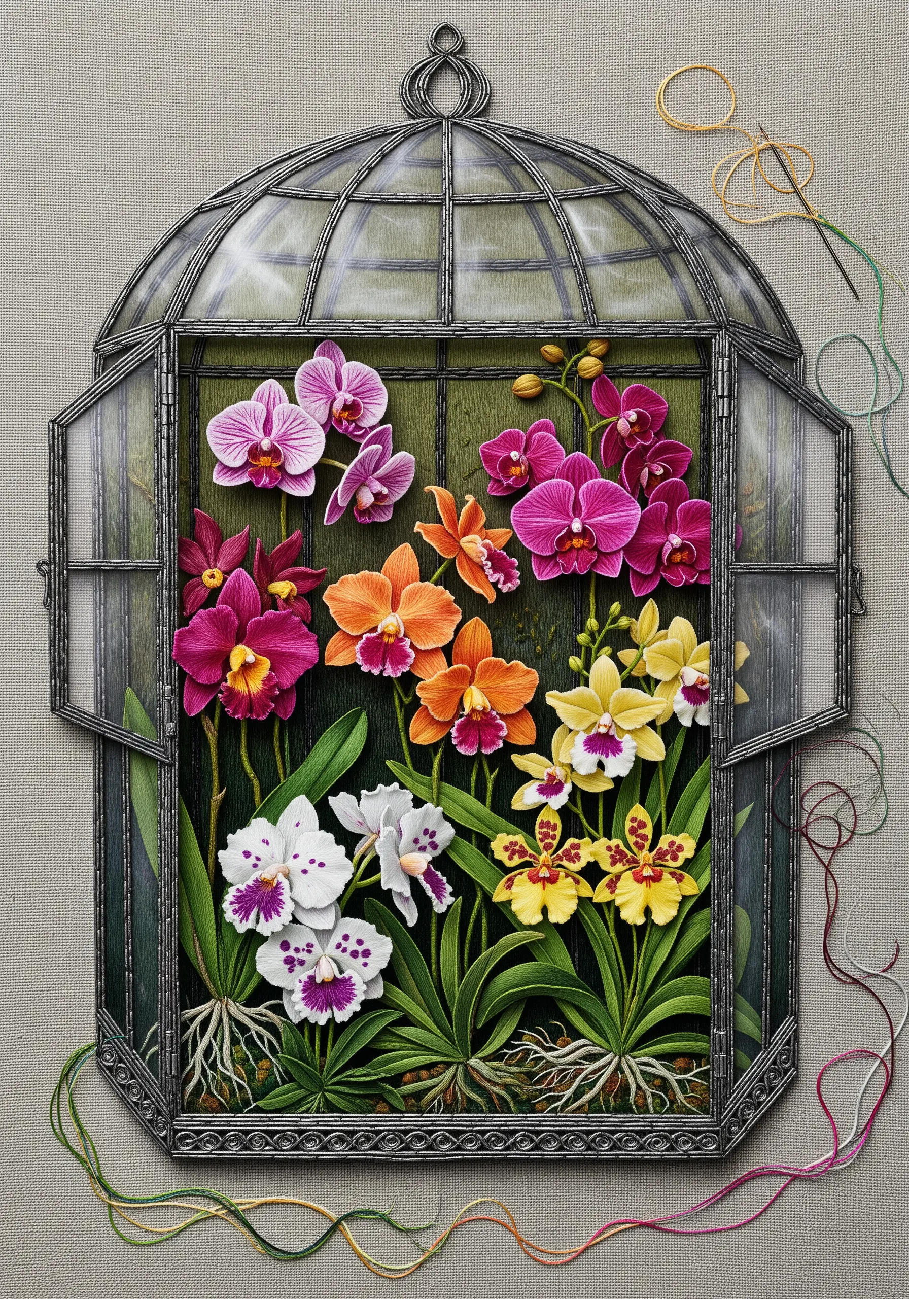 Embroidery of an open greenhouse terrarium overflowing with colorful orchids