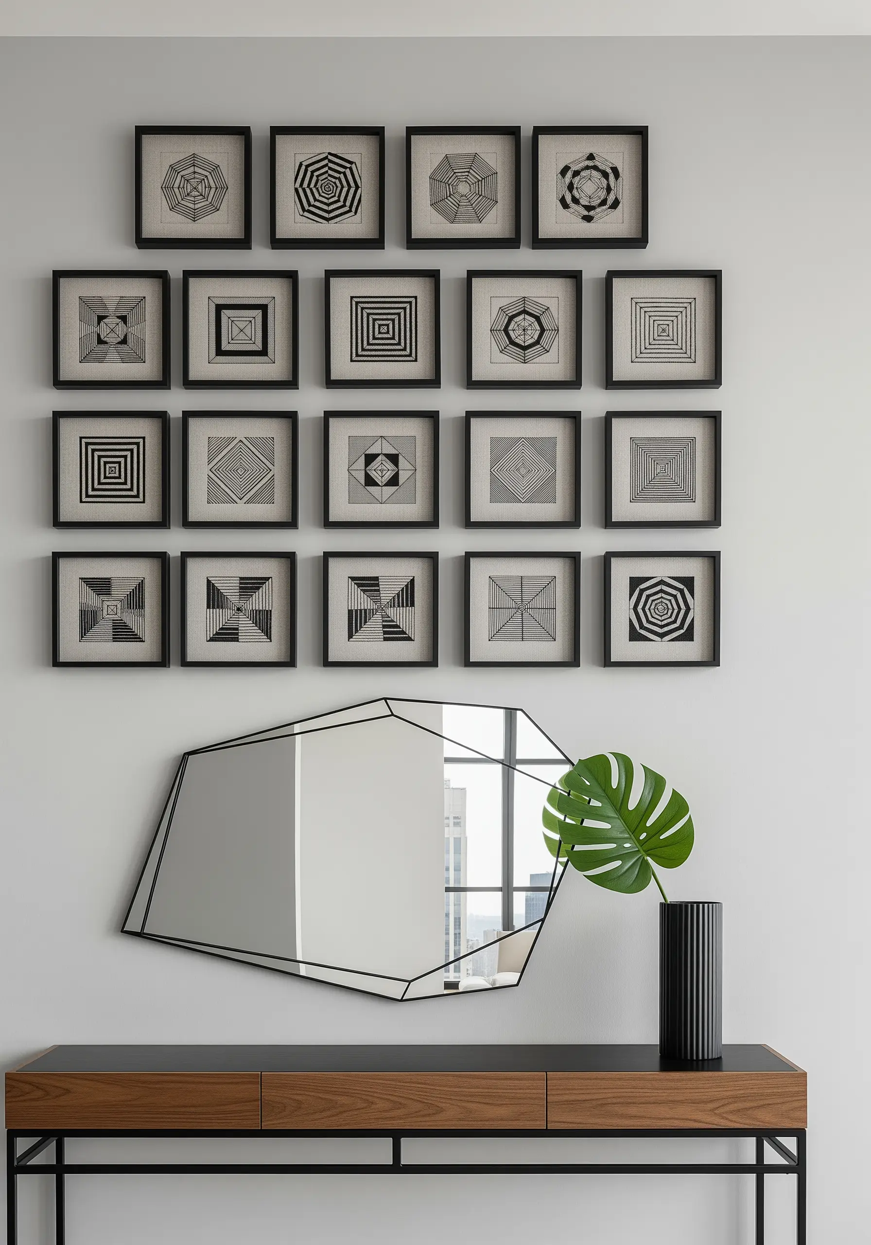Grid of twelve square frames featuring black and white optical illusion embroidery patterns