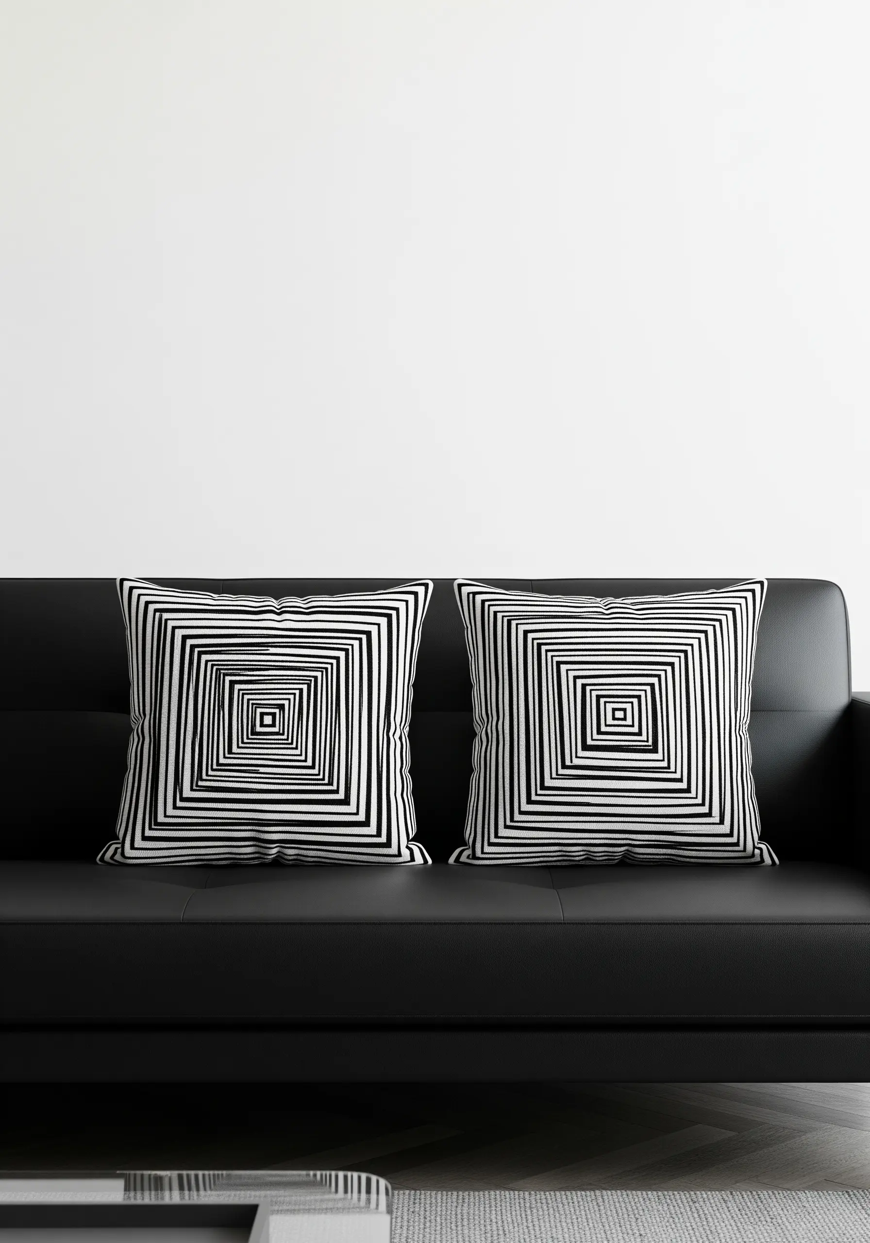 Two pillows with a black and white geometric pattern creating an optical illusion of a receding square.