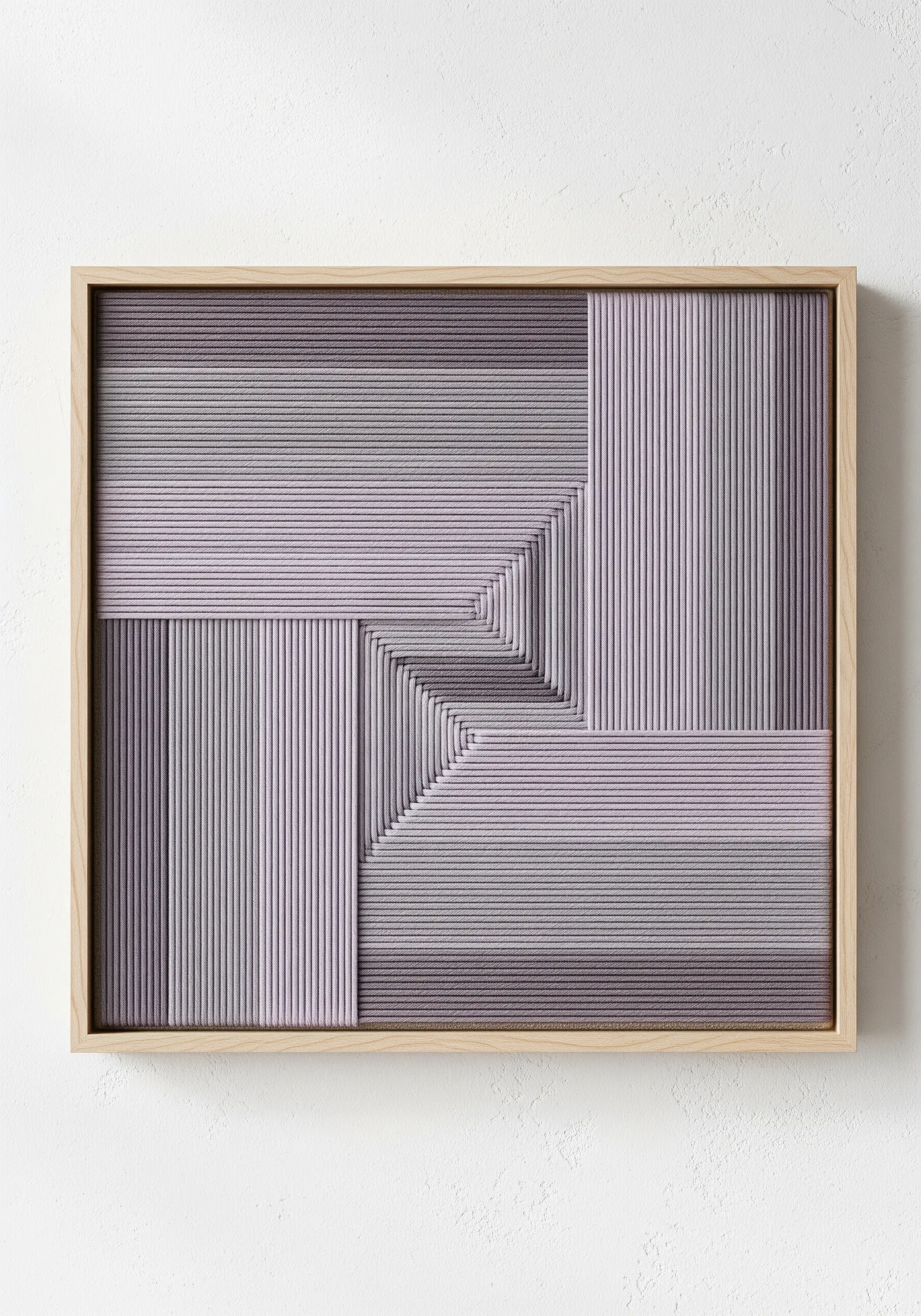 Framed thread art with a geometric optical illusion in a lavender and grey gradient.