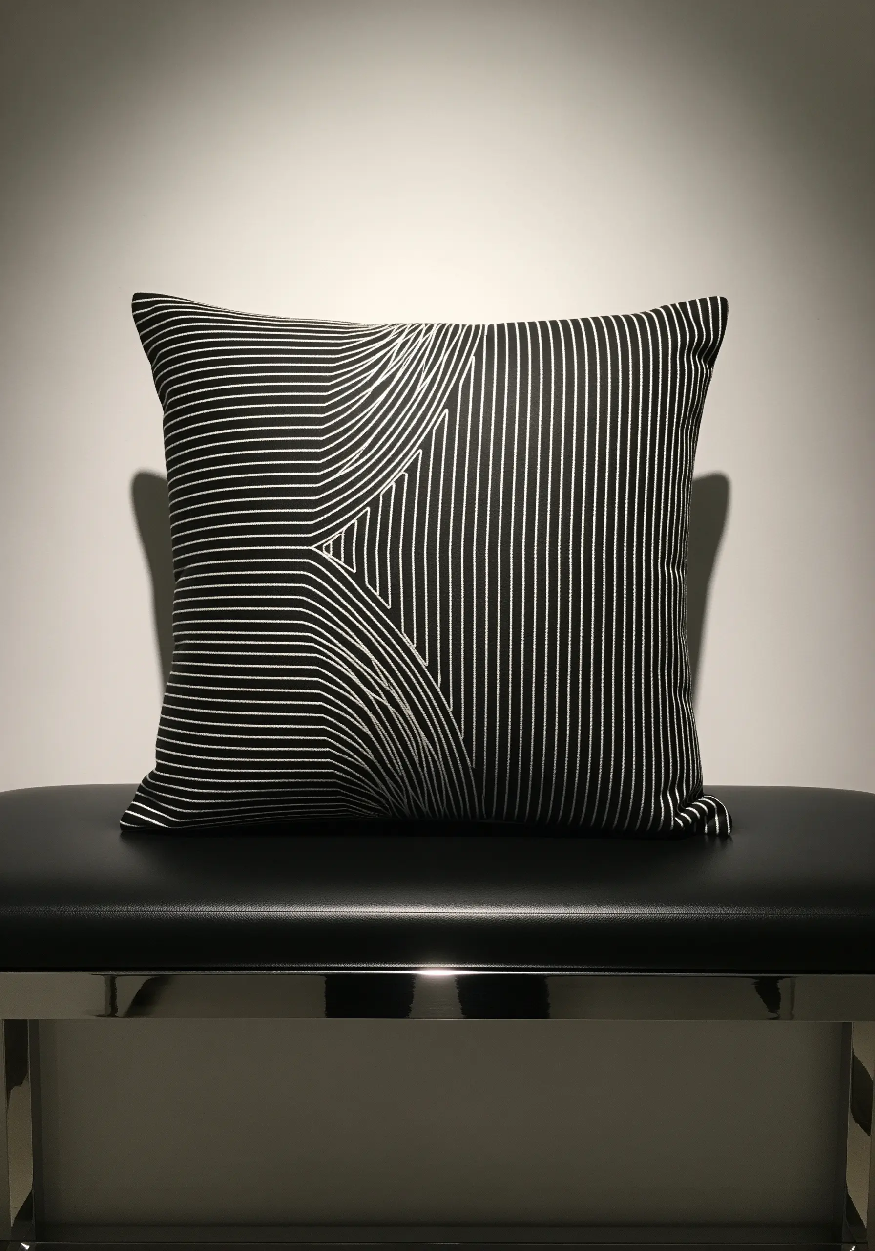 Fine white parallel lines creating an optical illusion of movement on a black pillow.