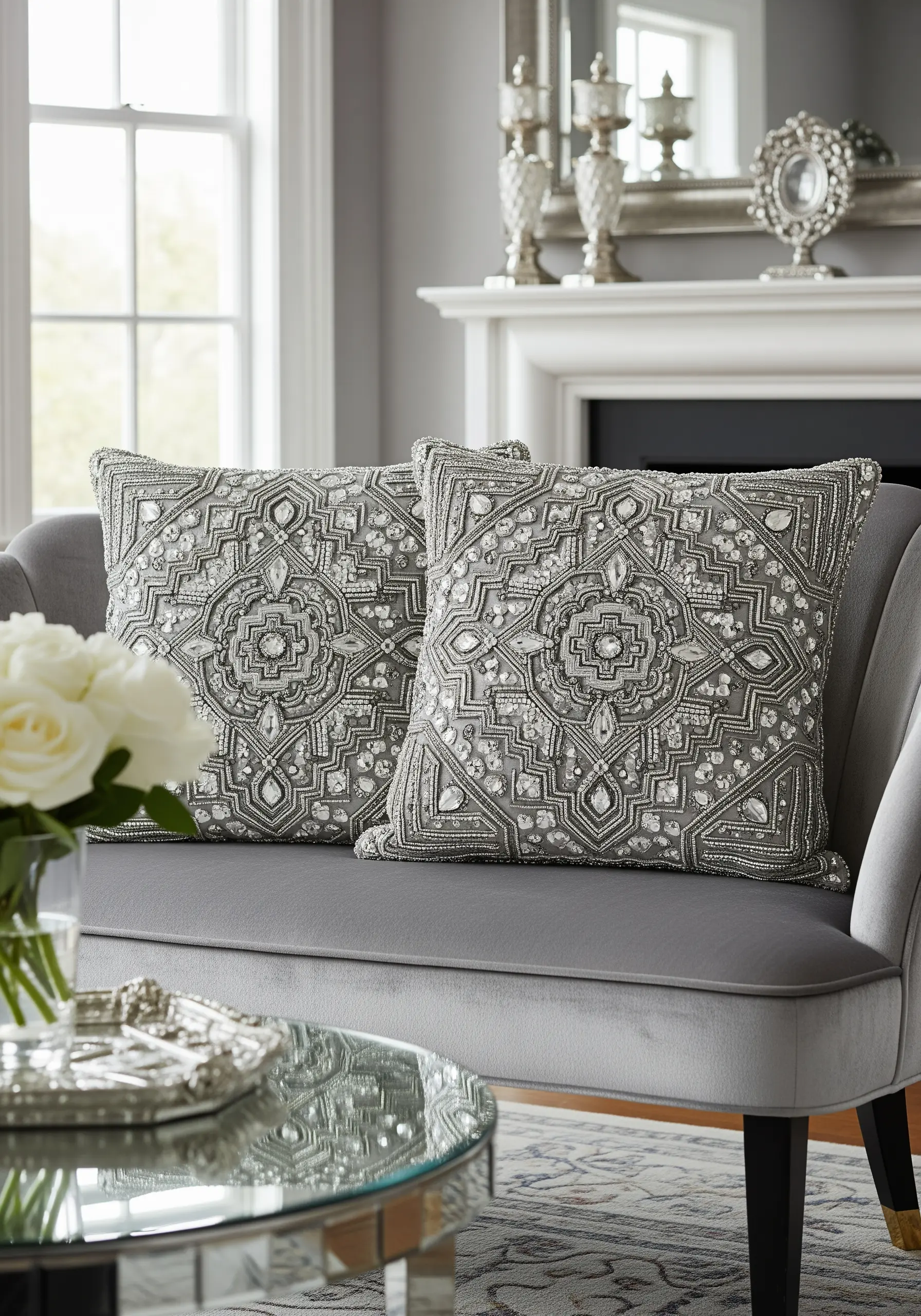 Two heavily beaded silver and crystal cushions with an intricate Art Deco-style geometric pattern.