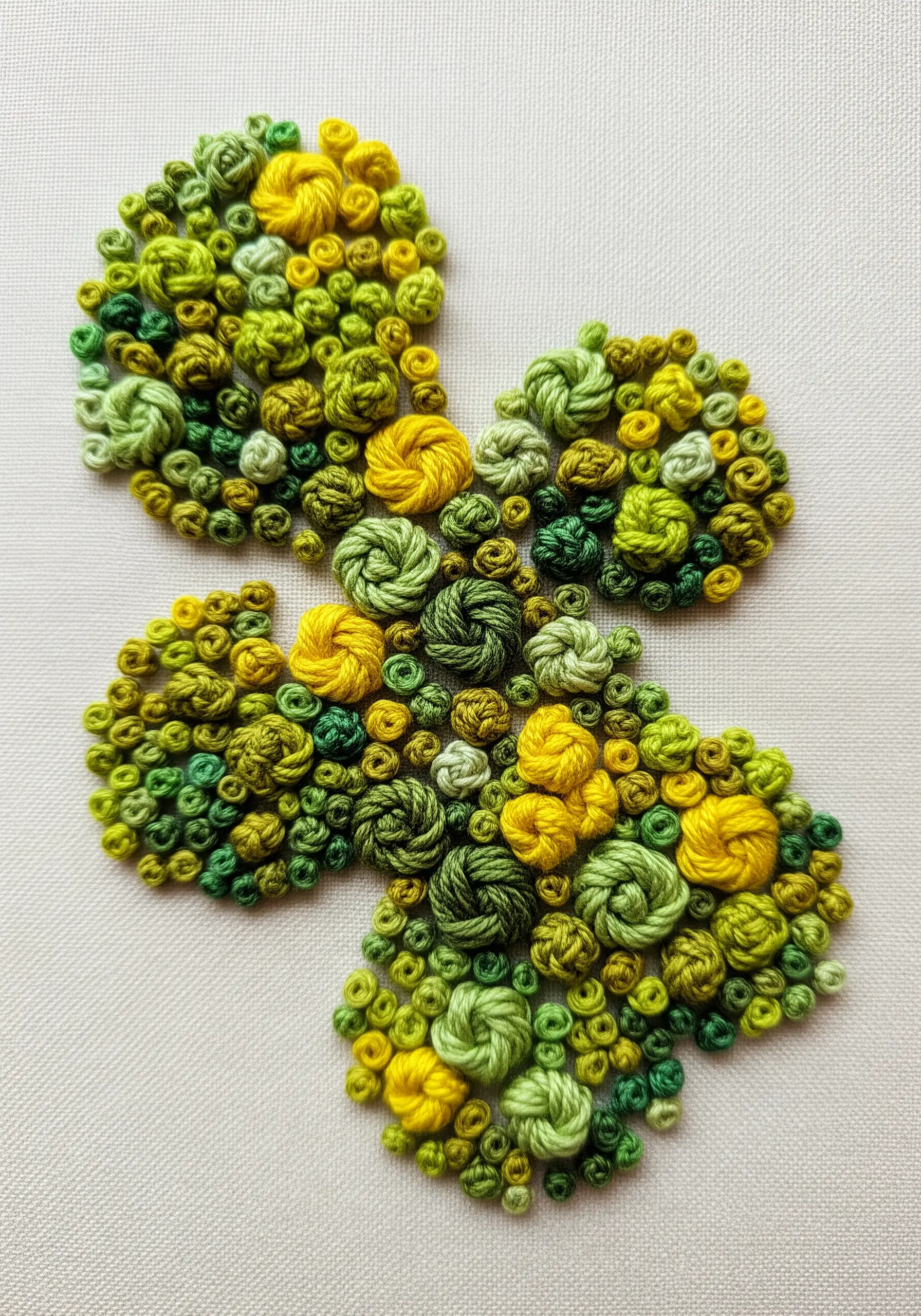 Cluster of green French and bullion knots resembling moss