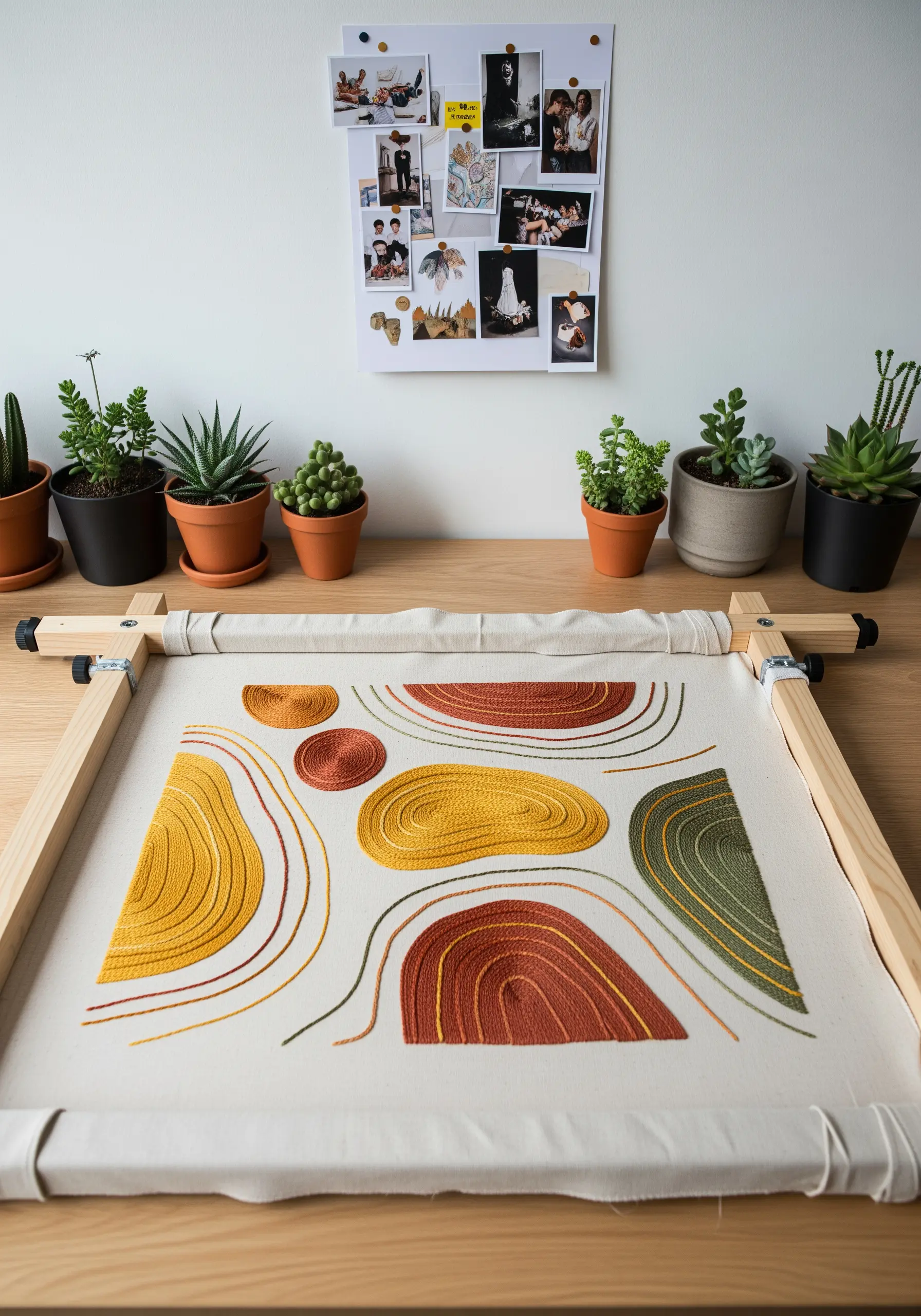 Abstract organic shapes embroidered in earth tones
