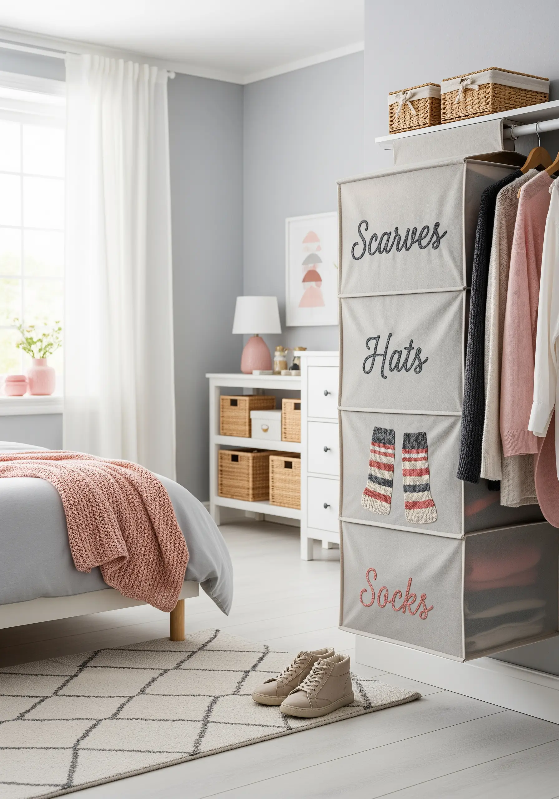 Fabric hanging closet organizer with elegant embroidered labels for