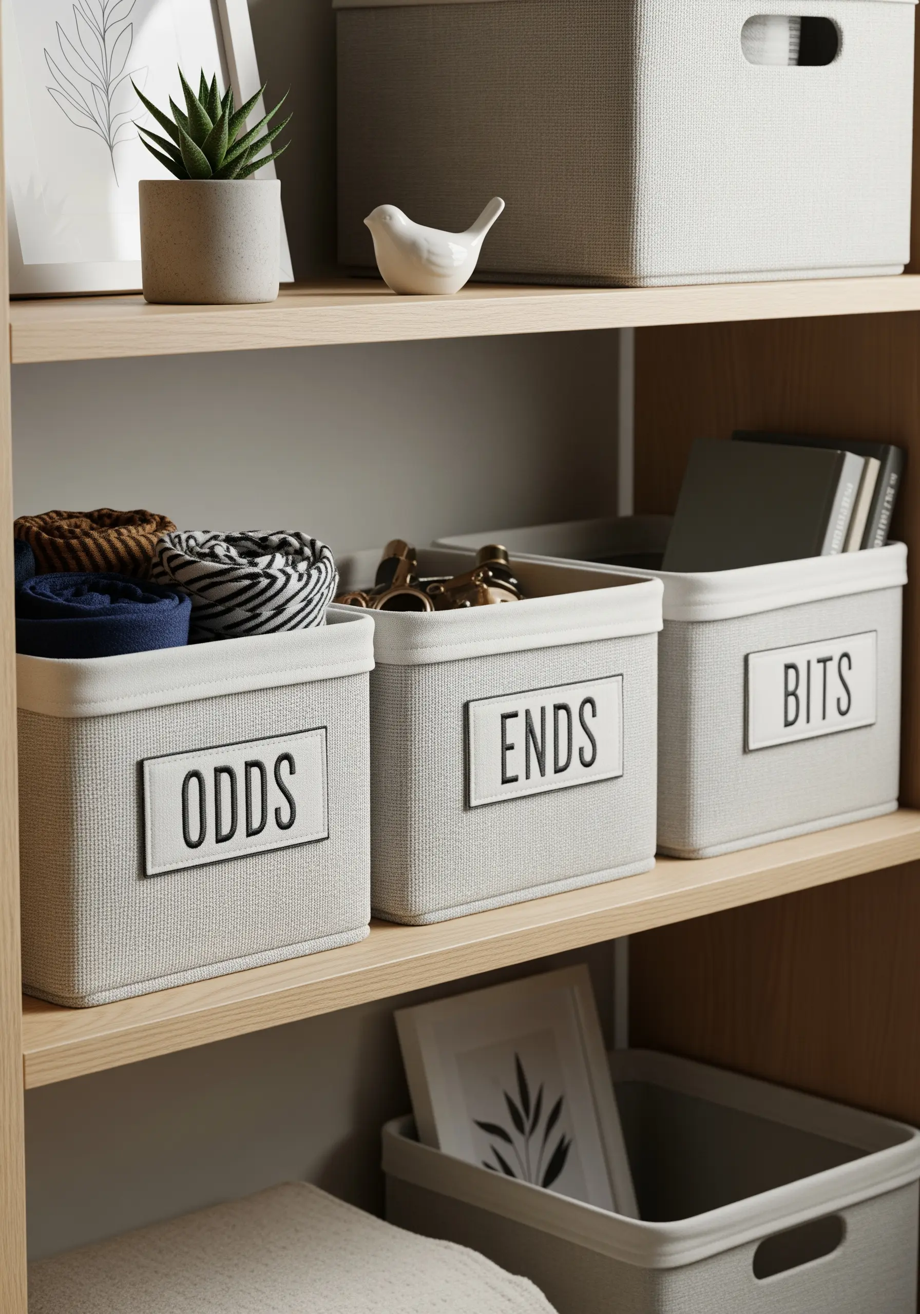 Fabric storage bins on a shelf with embroidered labels reading 'ODDS,' 'ENDS,' and 'BITS.'