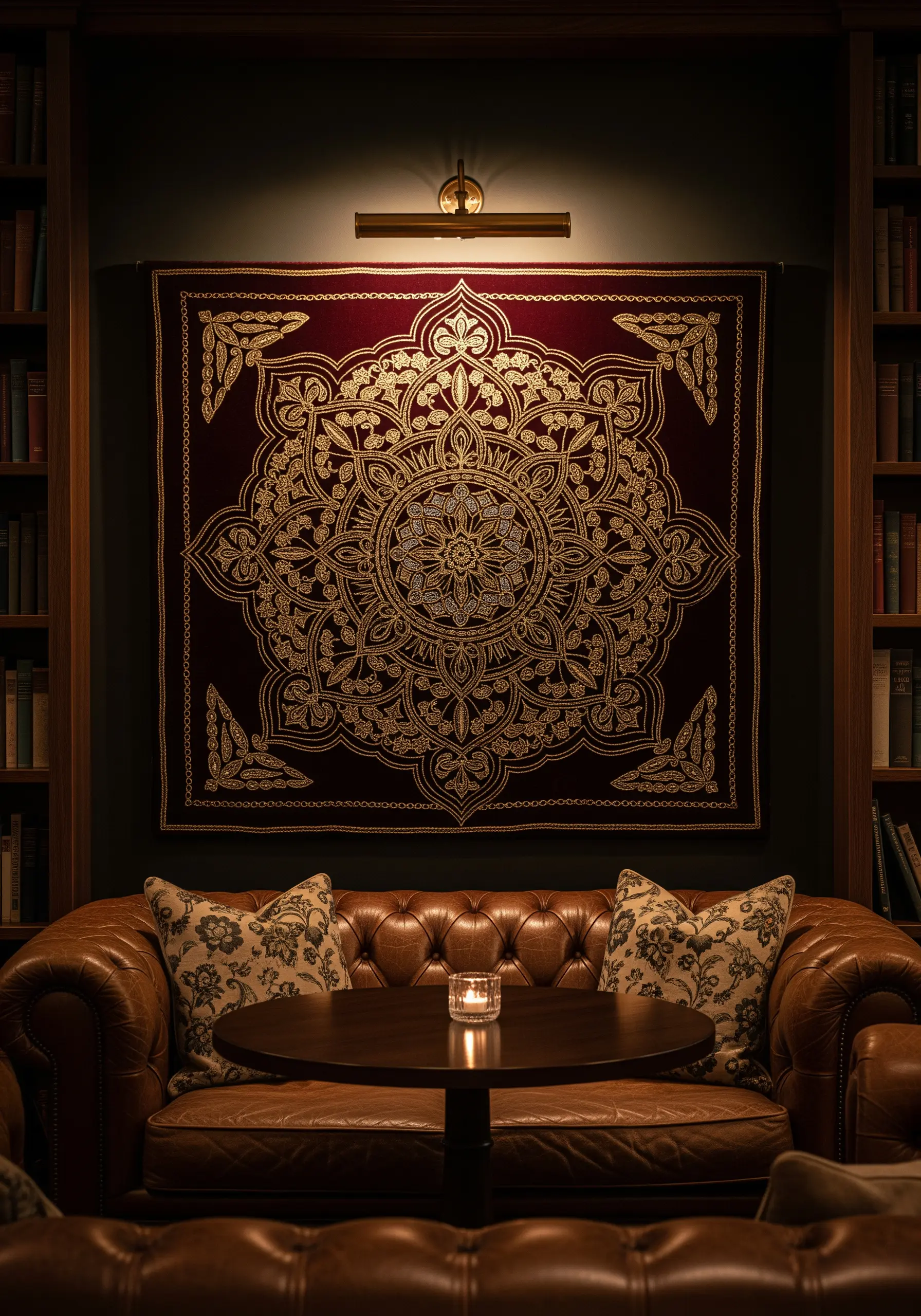 A large, ornate mandala embroidered in gold thread on a deep red velvet wall hanging.