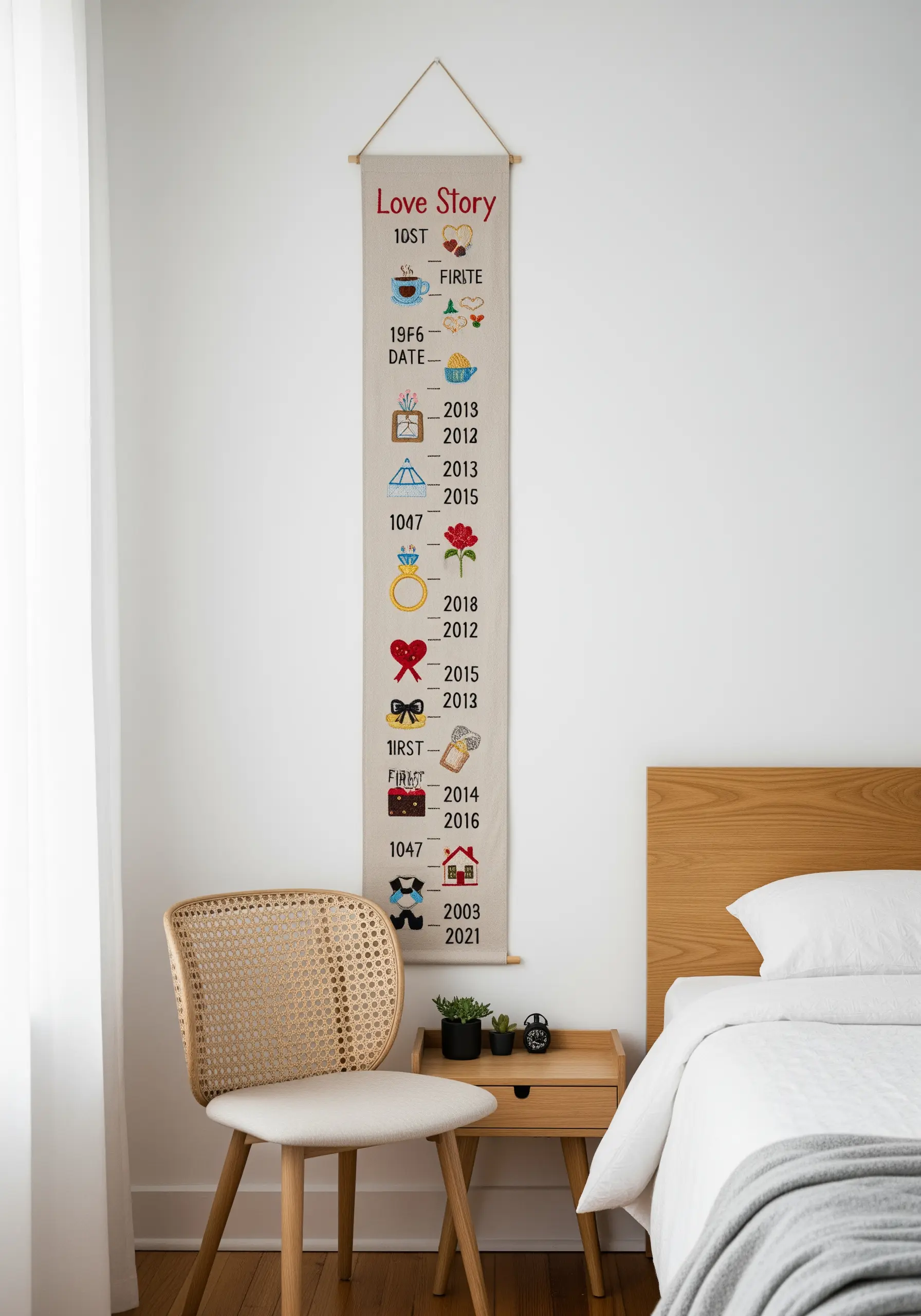 A relationship timeline with embroidered icons and dates on a long wall hanging.