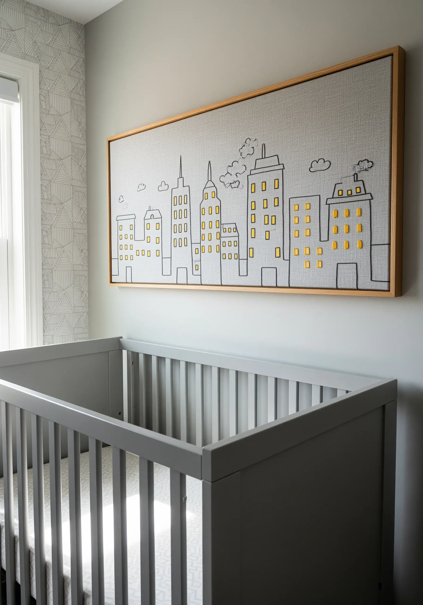 A framed embroidery piece showing a cityscape outline with yellow felt appliqué windows.