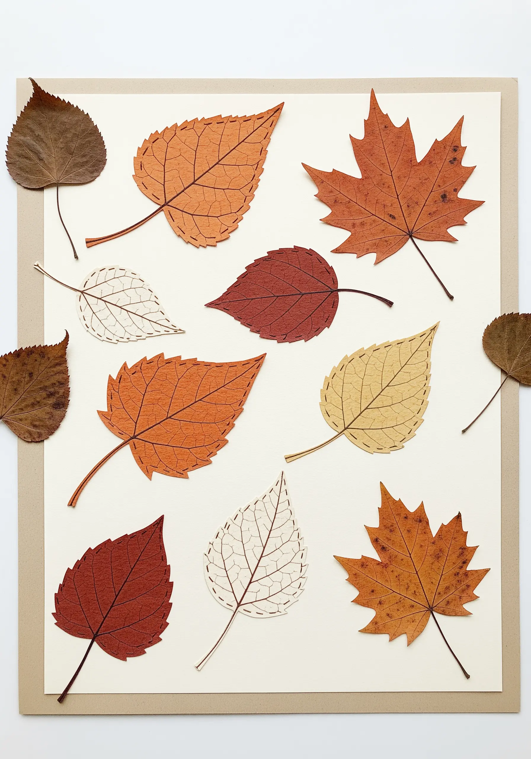 A collection of paper and real autumn leaves decorated with simple backstitch details.