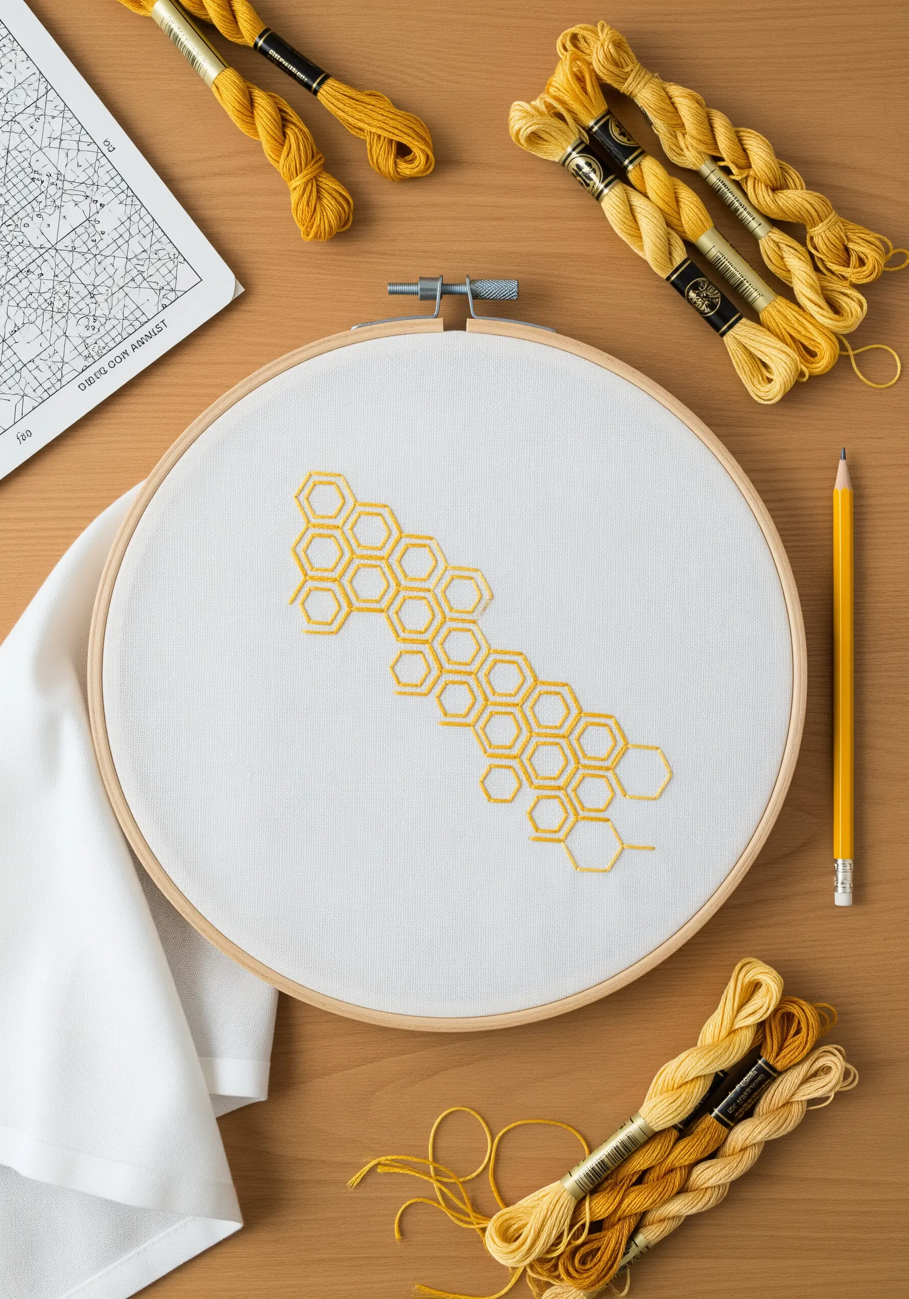 A minimalist honeycomb pattern stitched in yellow thread on white fabric in a hoop.