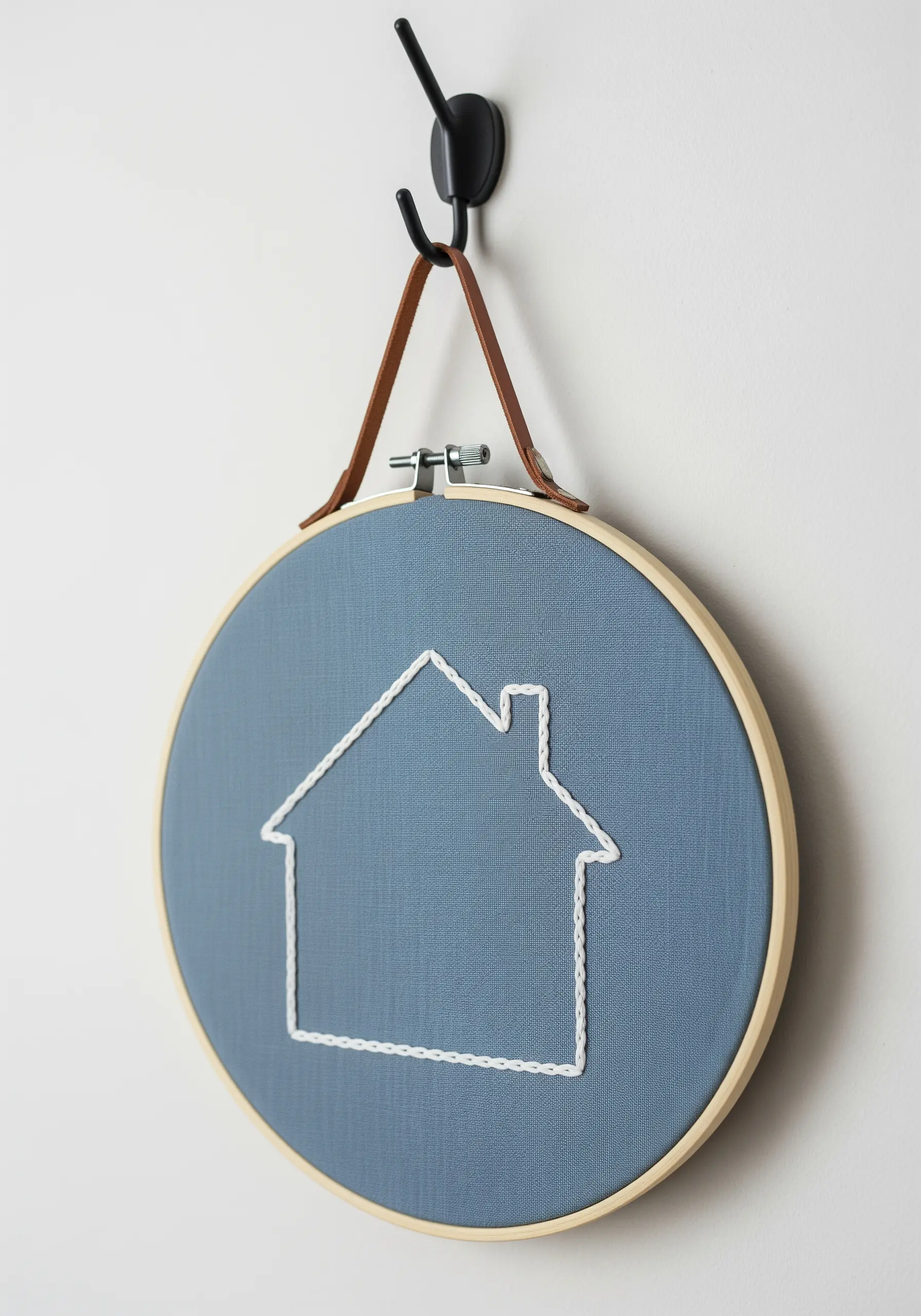 A simple house outline embroidered in white chain stitch on blue fabric in a hoop.
