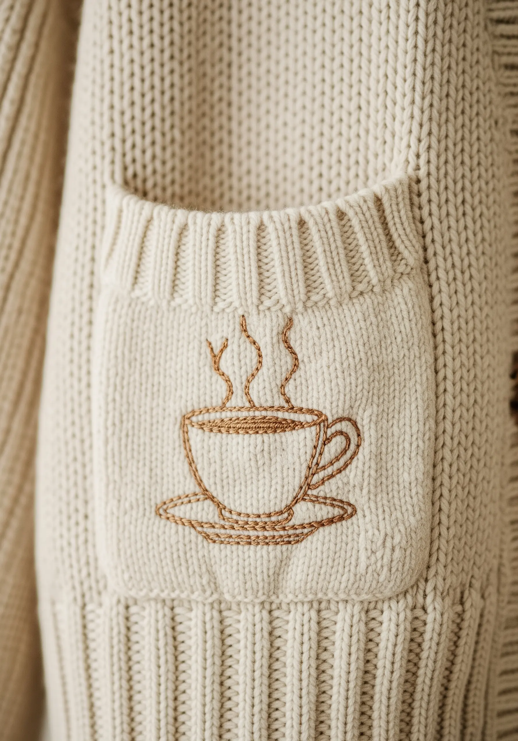A simple line art coffee cup stitched onto the pocket of a chunky beige knit cardigan.