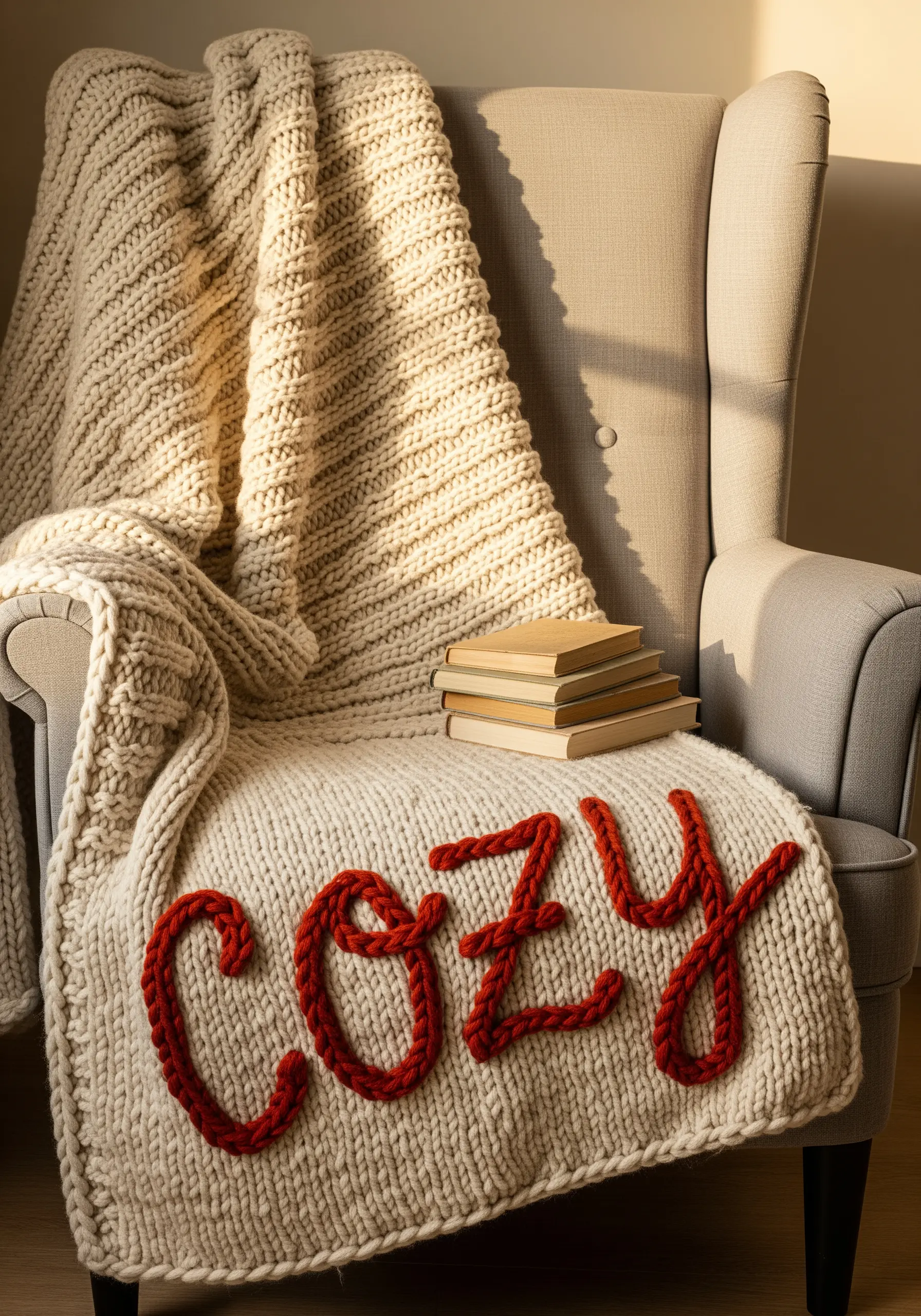 Chunky knit beige blanket draped on a chair with the word COZY embroidered in red yarn