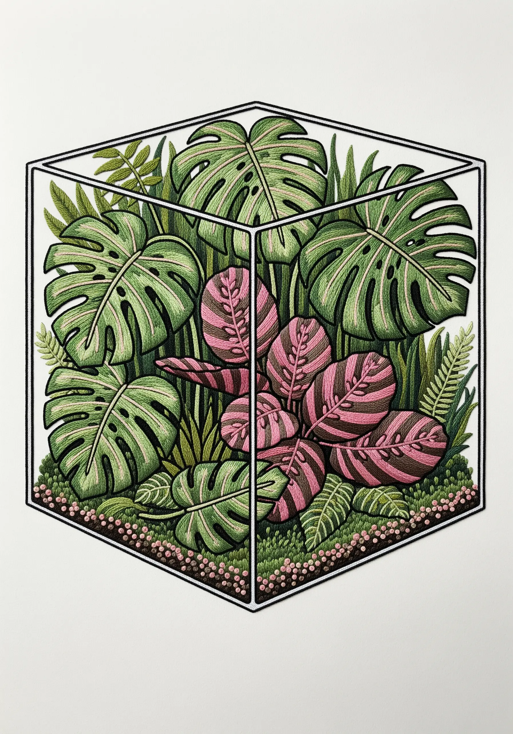 Detailed embroidery of a glass cube terrarium filled with Monstera and Calathea leaves