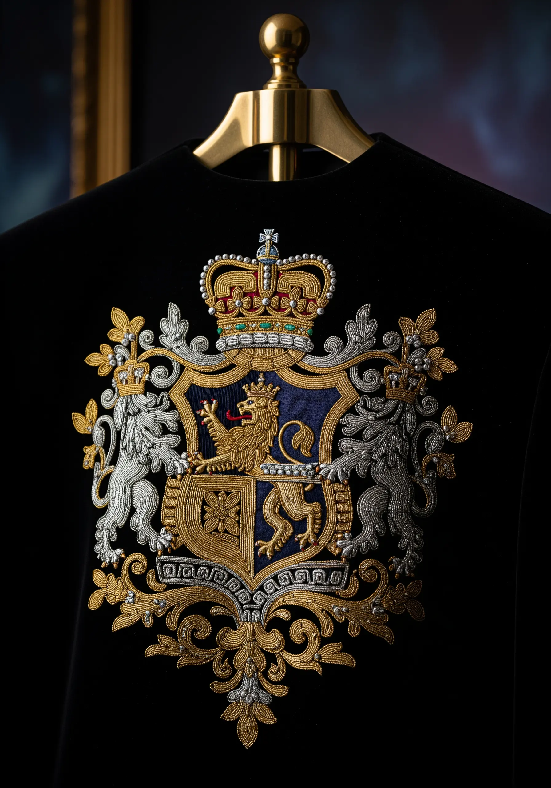 Gold bullion embroidery coat of arms on black velvet