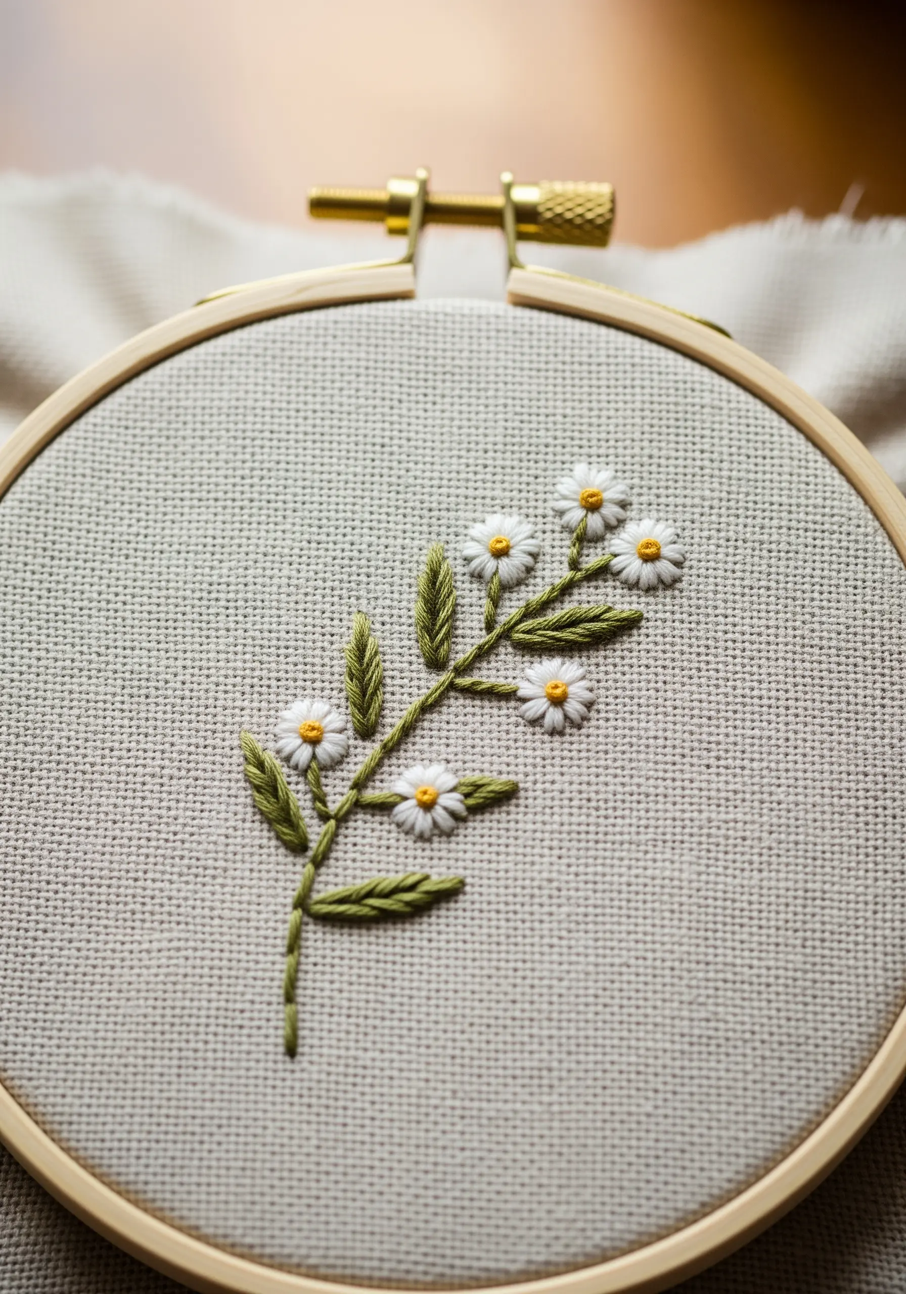 A delicate branch of chamomile with padded white petals and yellow French knot centers.