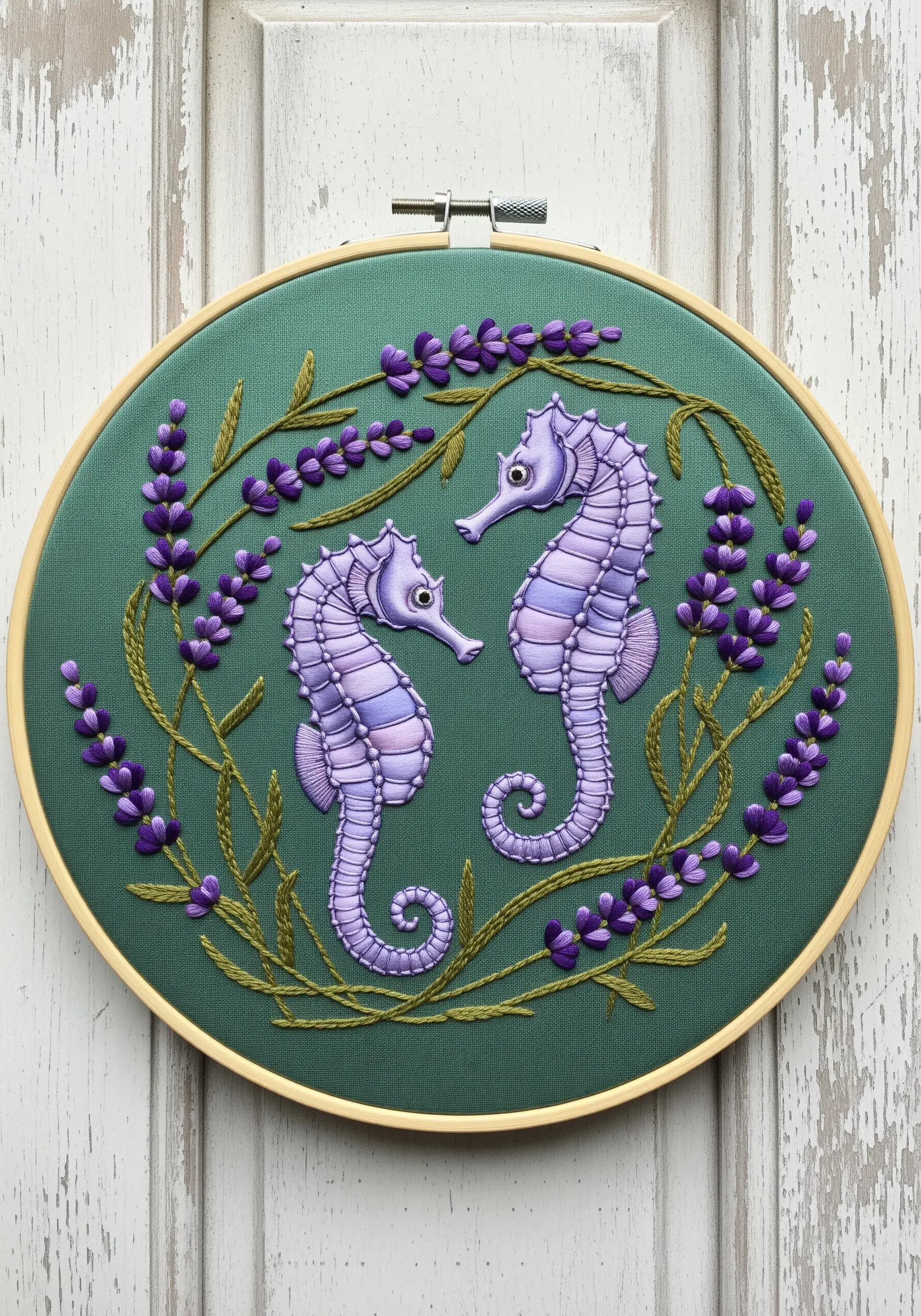 Two lavender-colored seahorses with raised satin stitch texture, surrounded by embroidered lavender sprigs.