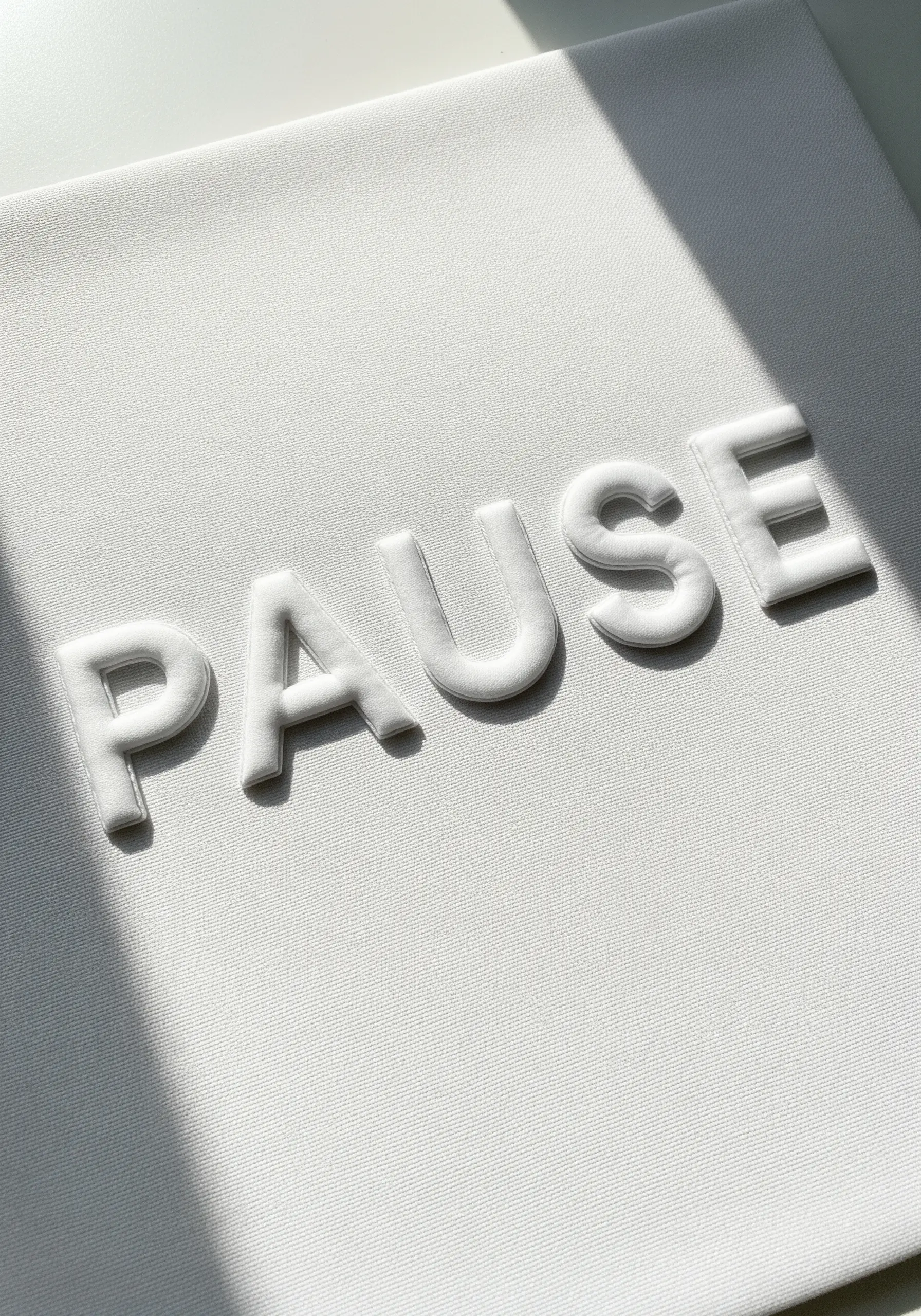White on white padded 3D embroidery spelling PAUSE