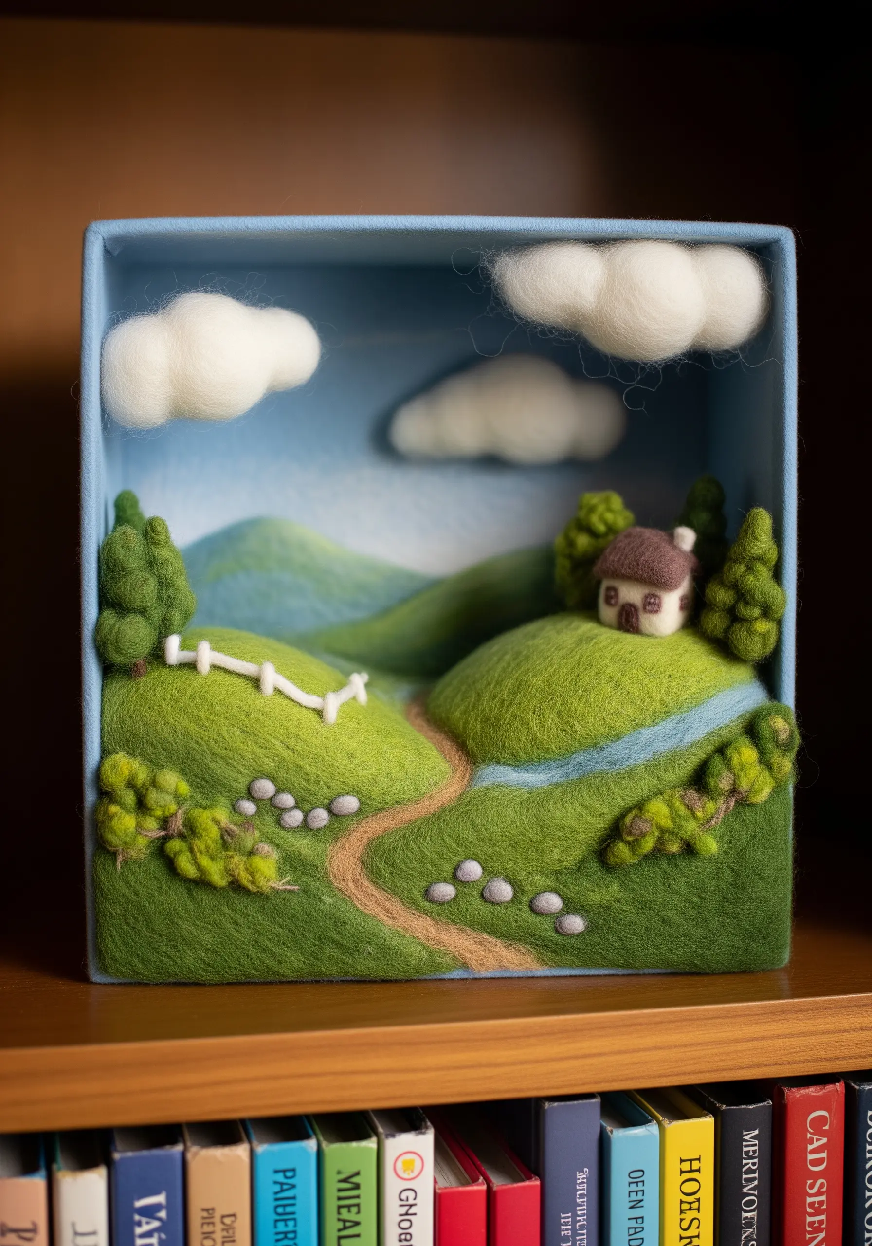 A 3D needle-felted diorama of a pastoral landscape with green hills and a tiny house.