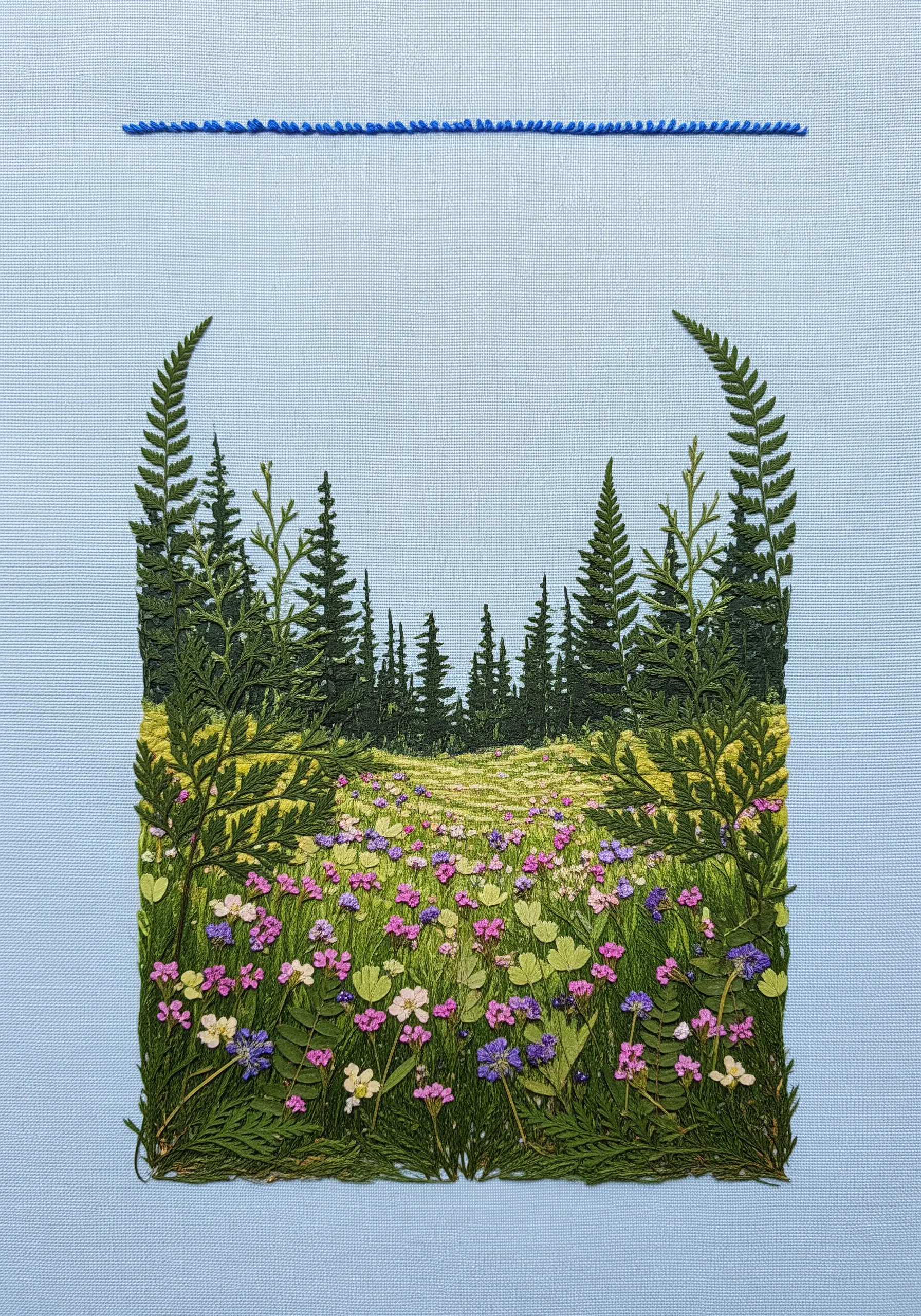 A landscape scene created entirely with layered pressed flowers, leaves, and ferns.