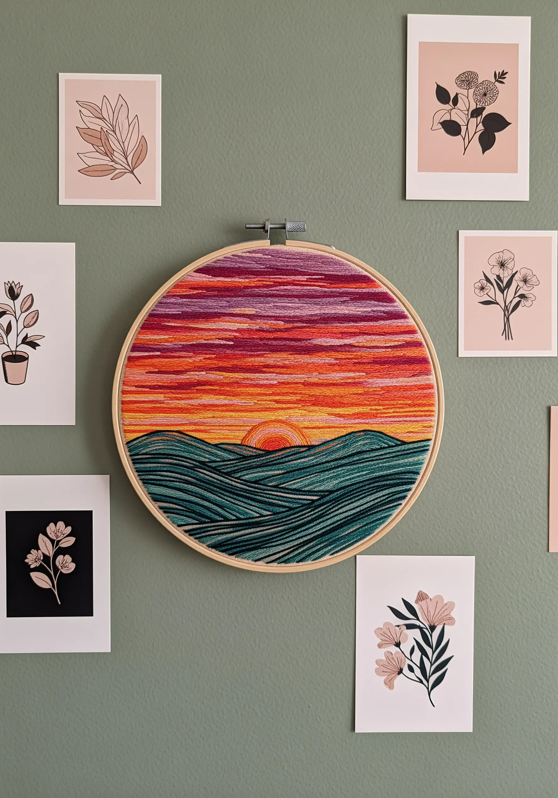Embroidery hoop art depicting a vibrant sunset over rolling teal waves, using directional stitches.