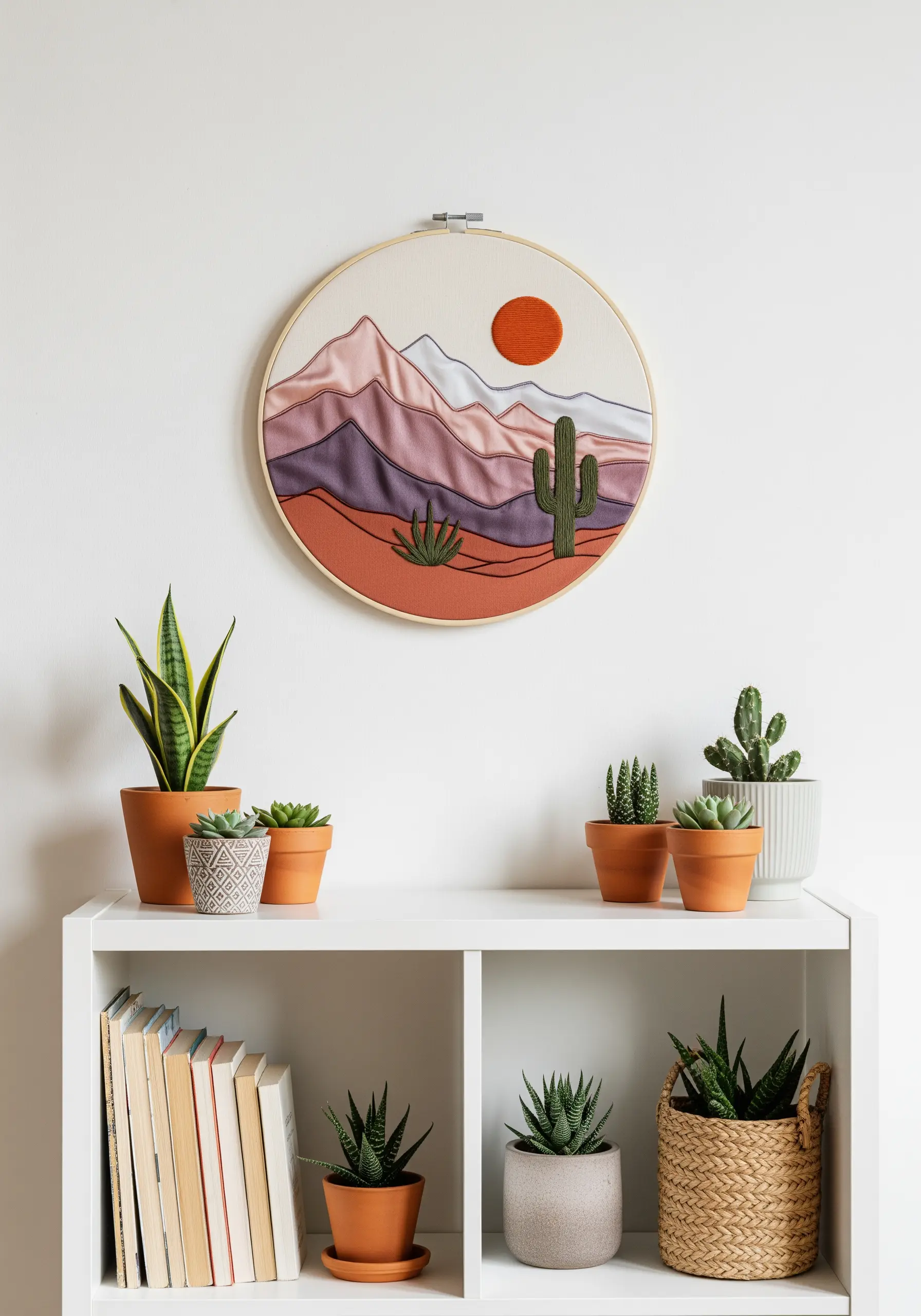 A desert landscape embroidery using ribbons to create layered mountains.