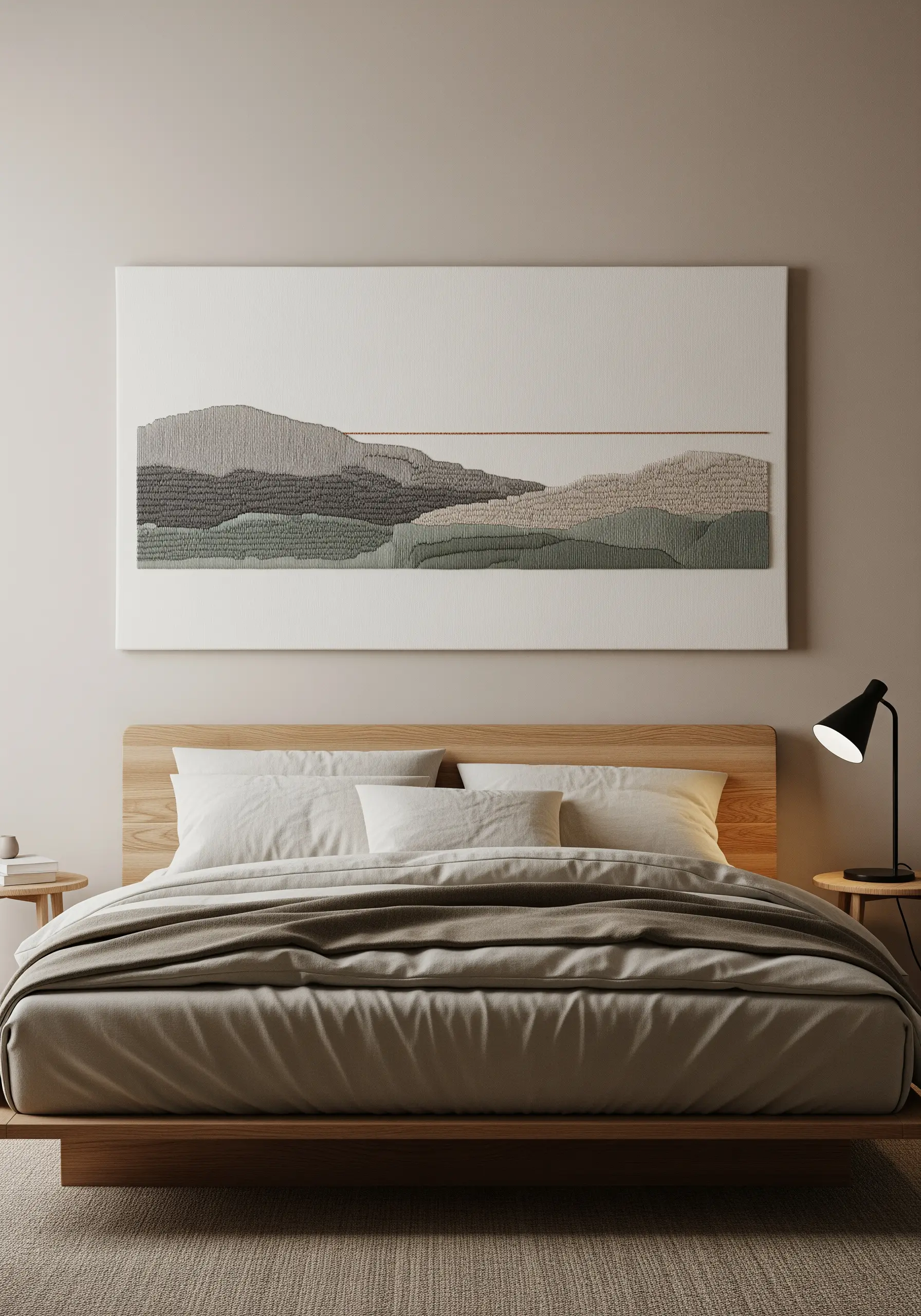 Abstract embroidered landscape with textural fill stitches in muted green and grey tones.