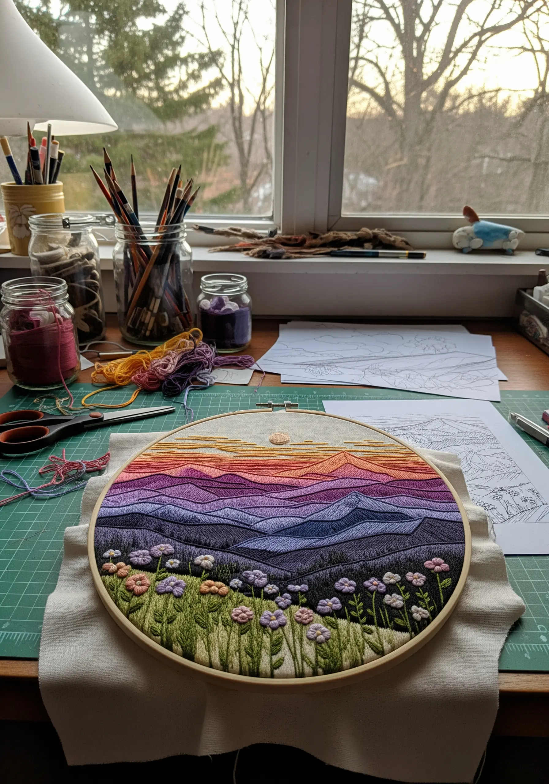 A vibrant embroidered landscape of mountains and wildflowers at sunset.