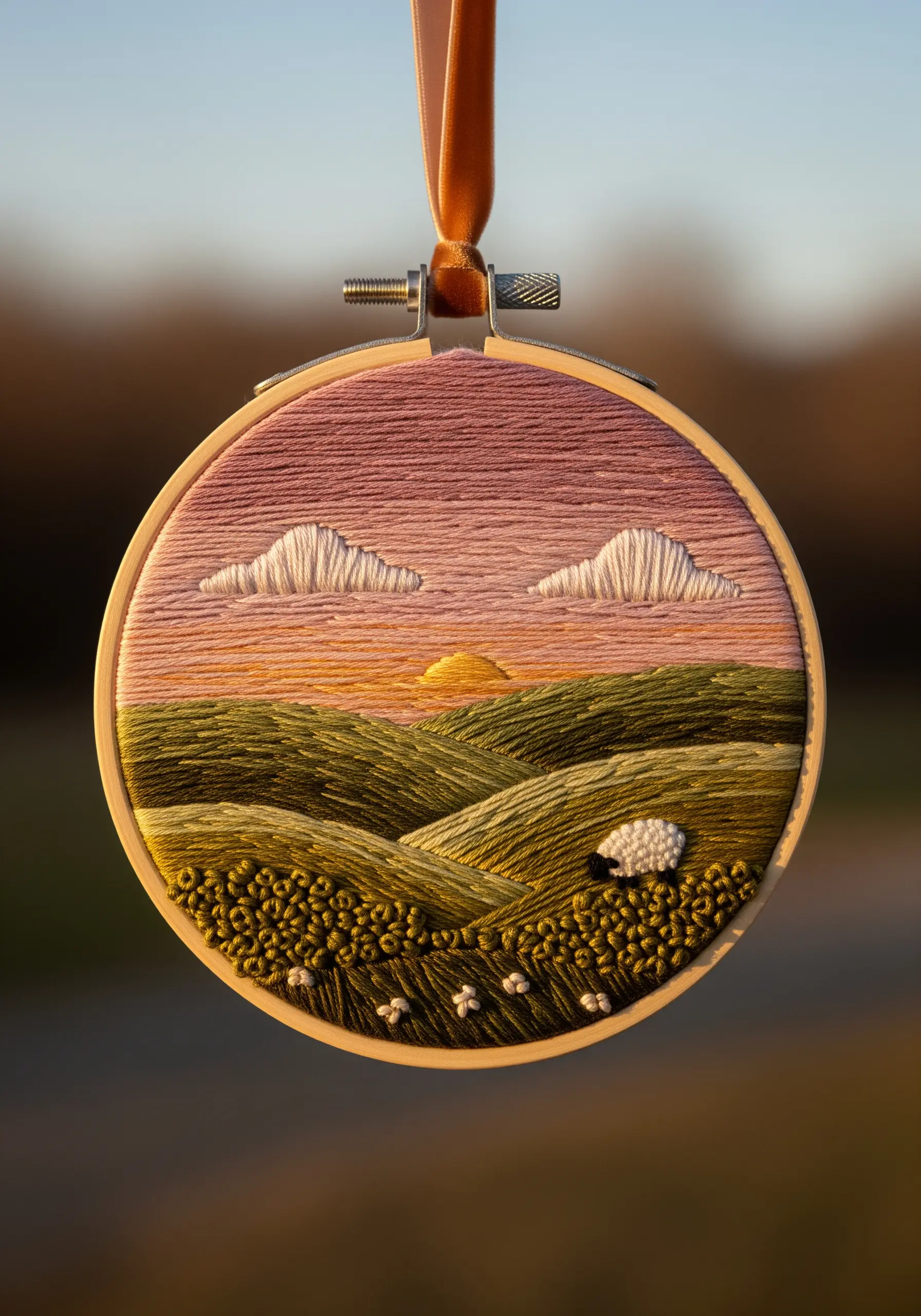 An embroidered landscape in a hoop, depicting a sunset over green hills and a field of flowers.