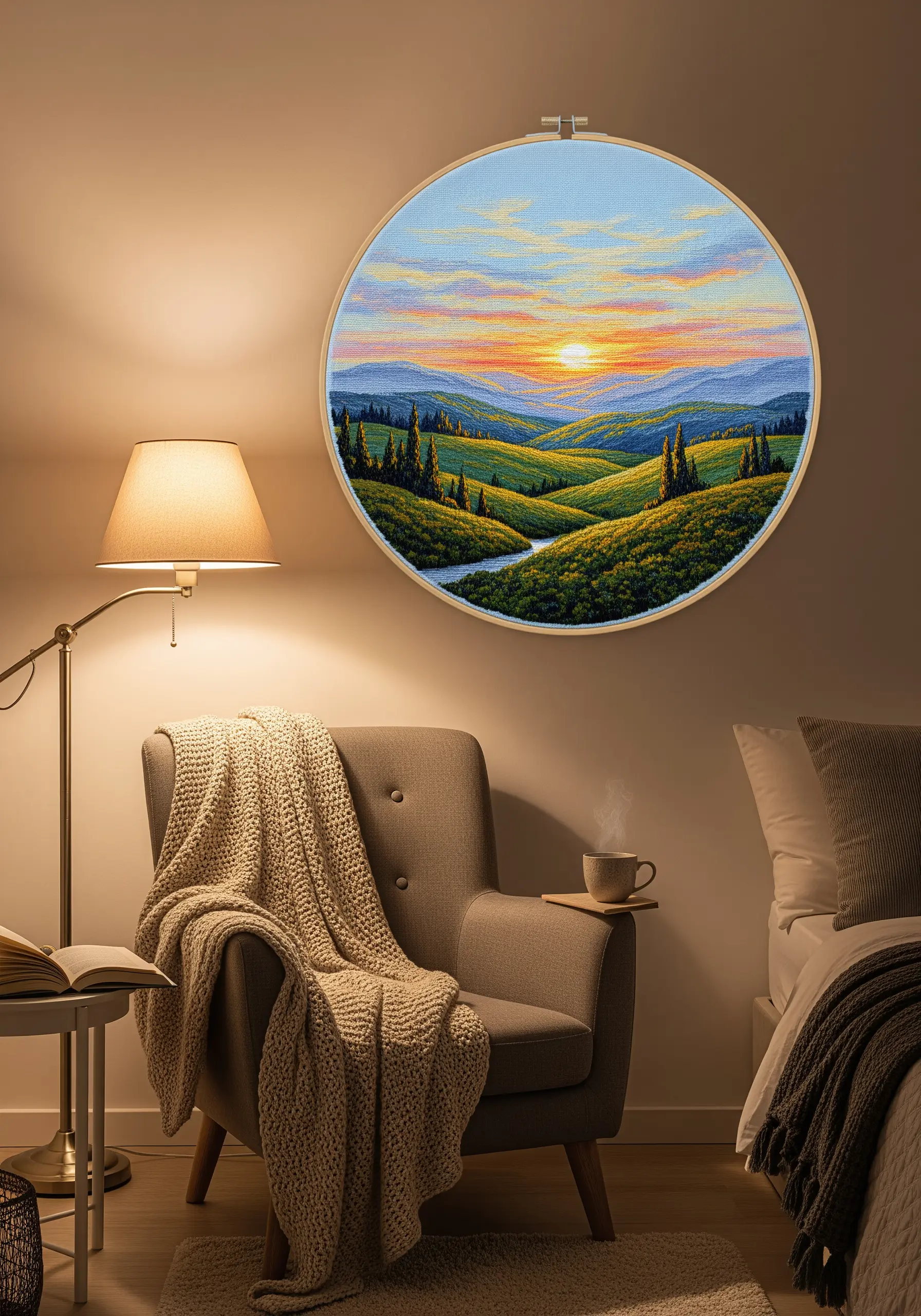 A detailed, thread-painted landscape embroidery of a sunset over rolling hills.