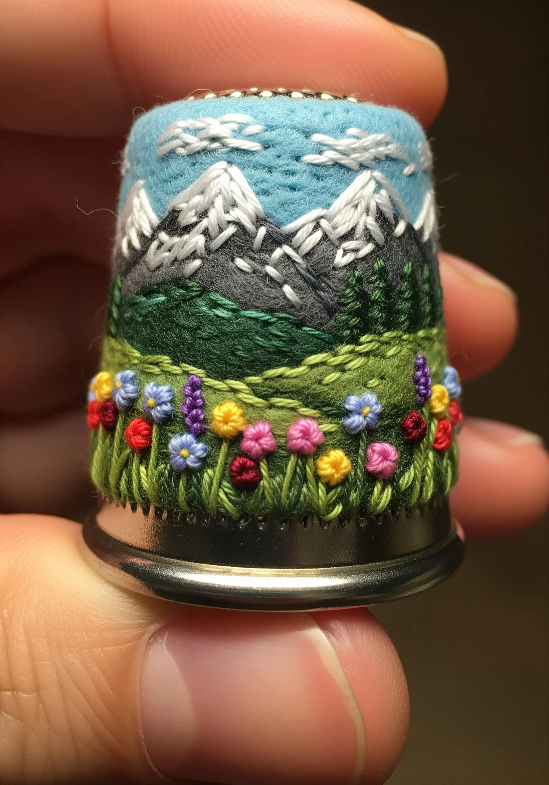 A thimble decorated with a detailed micro-embroidery of a mountain and wildflower landscape.