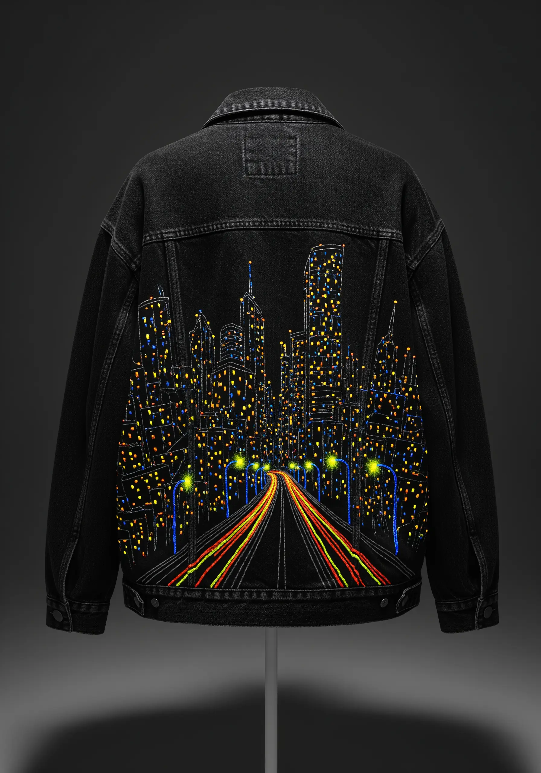 A sprawling city nightscape embroidered on the back of a denim jacket with neon lights.