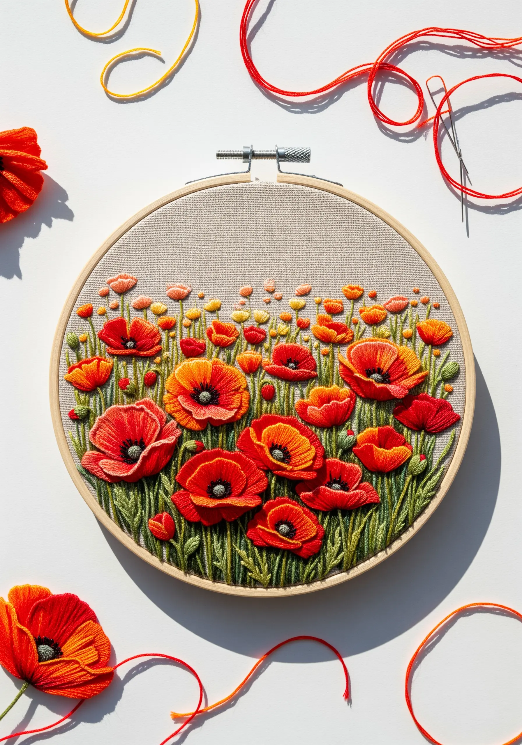 A dense field of embroidered red and orange poppies with varying detail to create depth.
