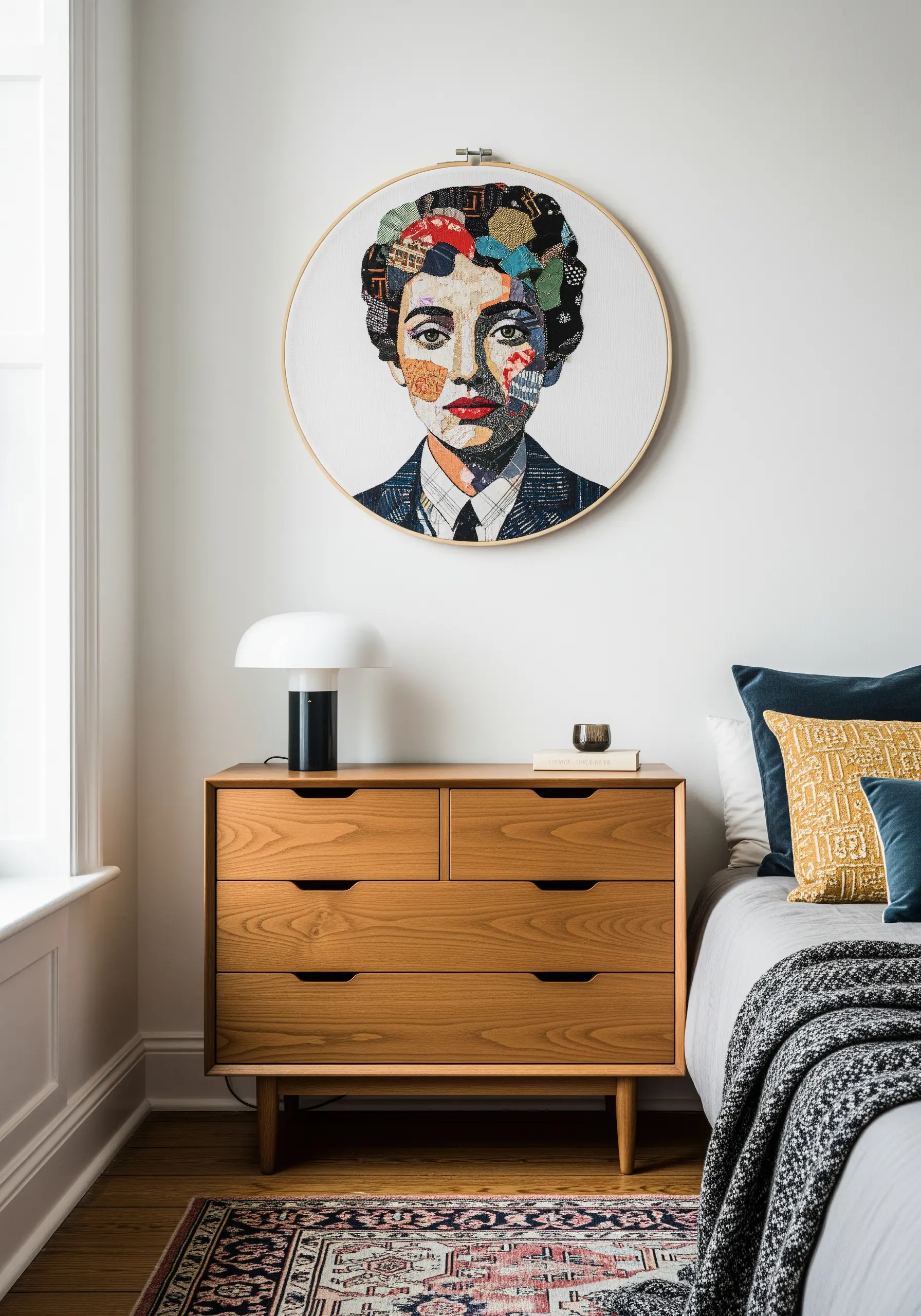 A modern portrait made from a collage of colorful fabric scraps, with embroidered details.