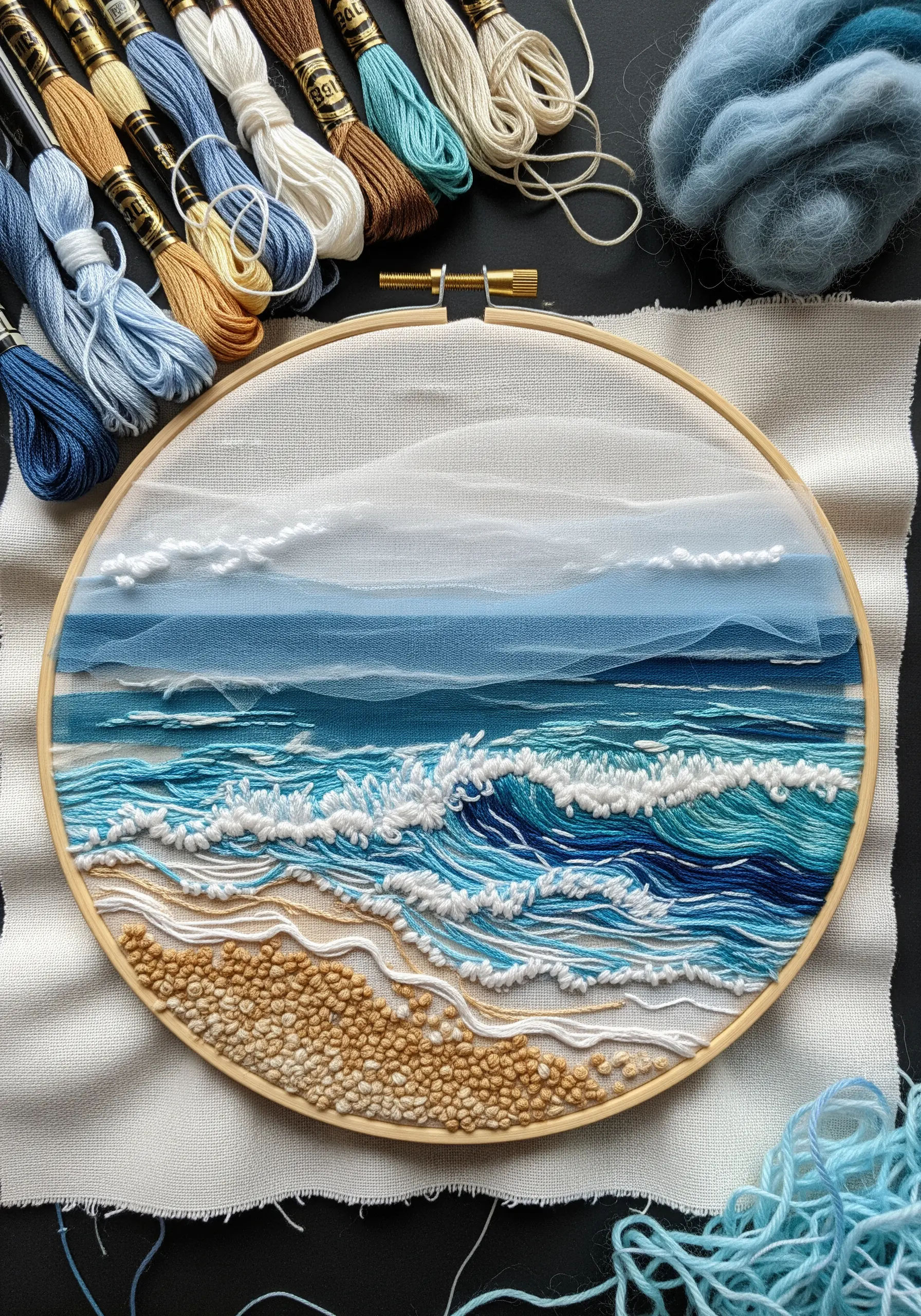Textured seascape embroidery with layered tulle for mist and French knots for the shore.
