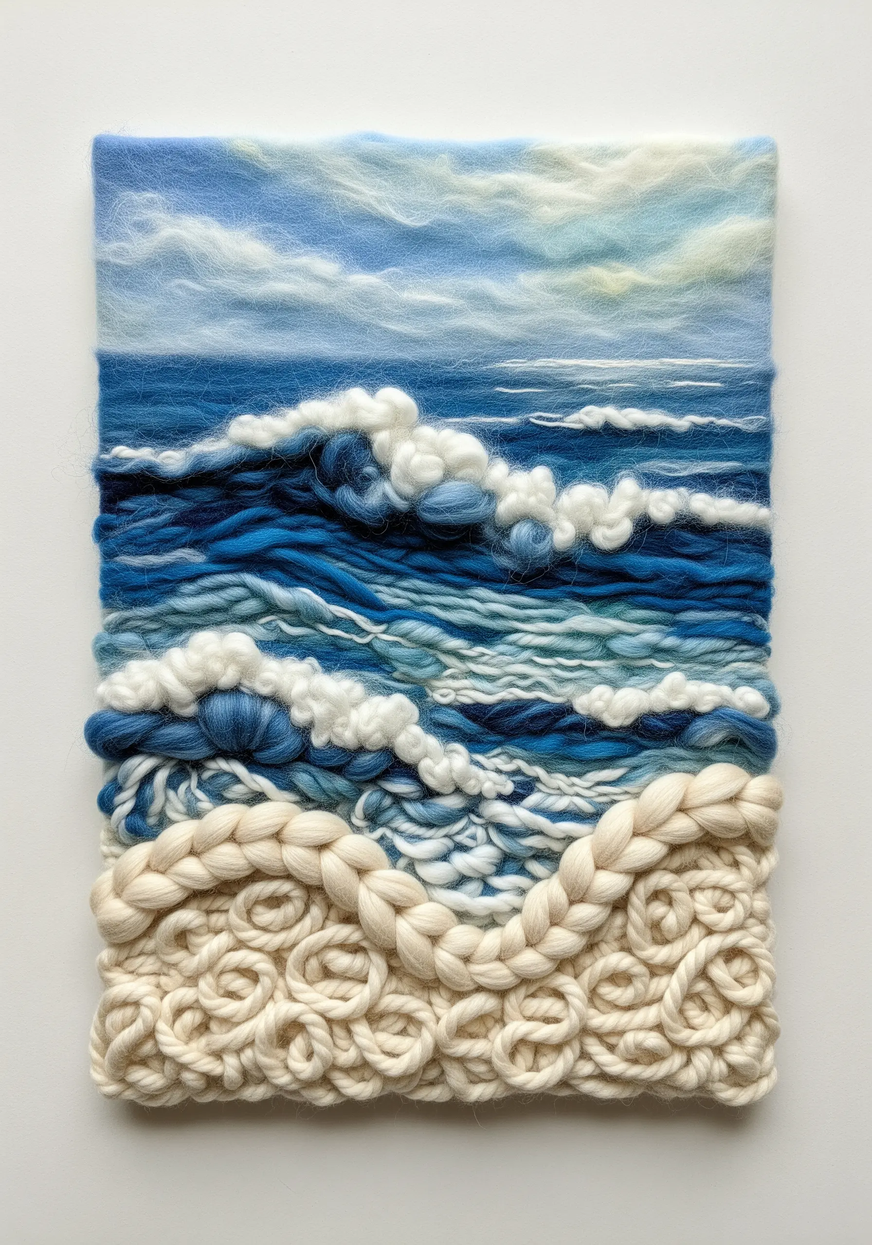 A needle-felted seascape with textured blue waves, soft white clouds, and a braided sand foreground.