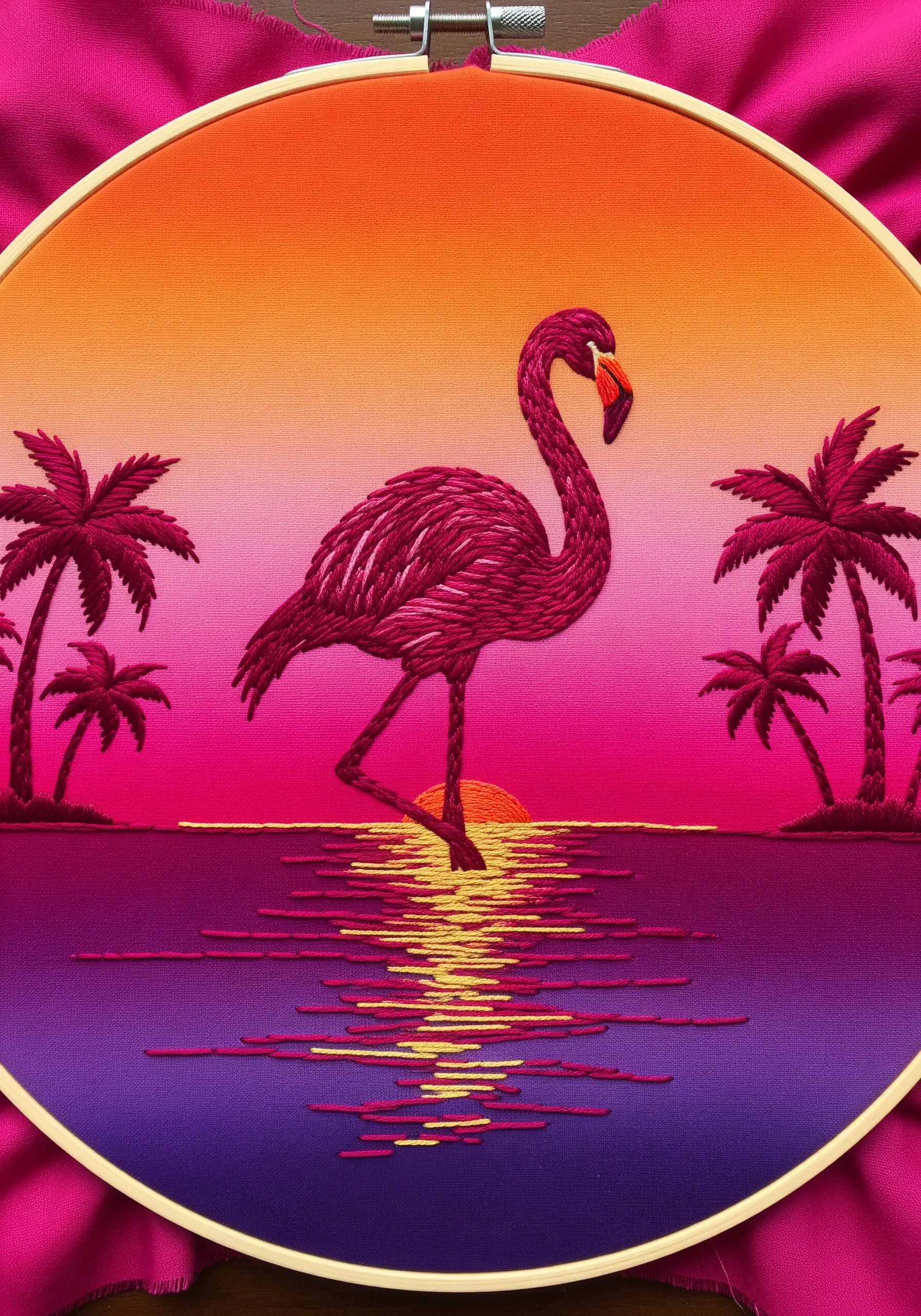 A dark flamingo silhouette embroidered against a vibrant sunset gradient of orange, pink, and purple.