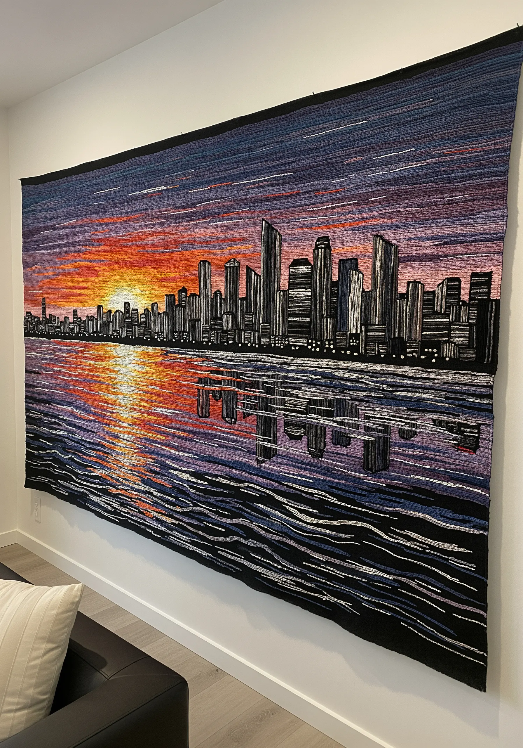 Large-scale embroidered tapestry of a city sunset reflected in water.