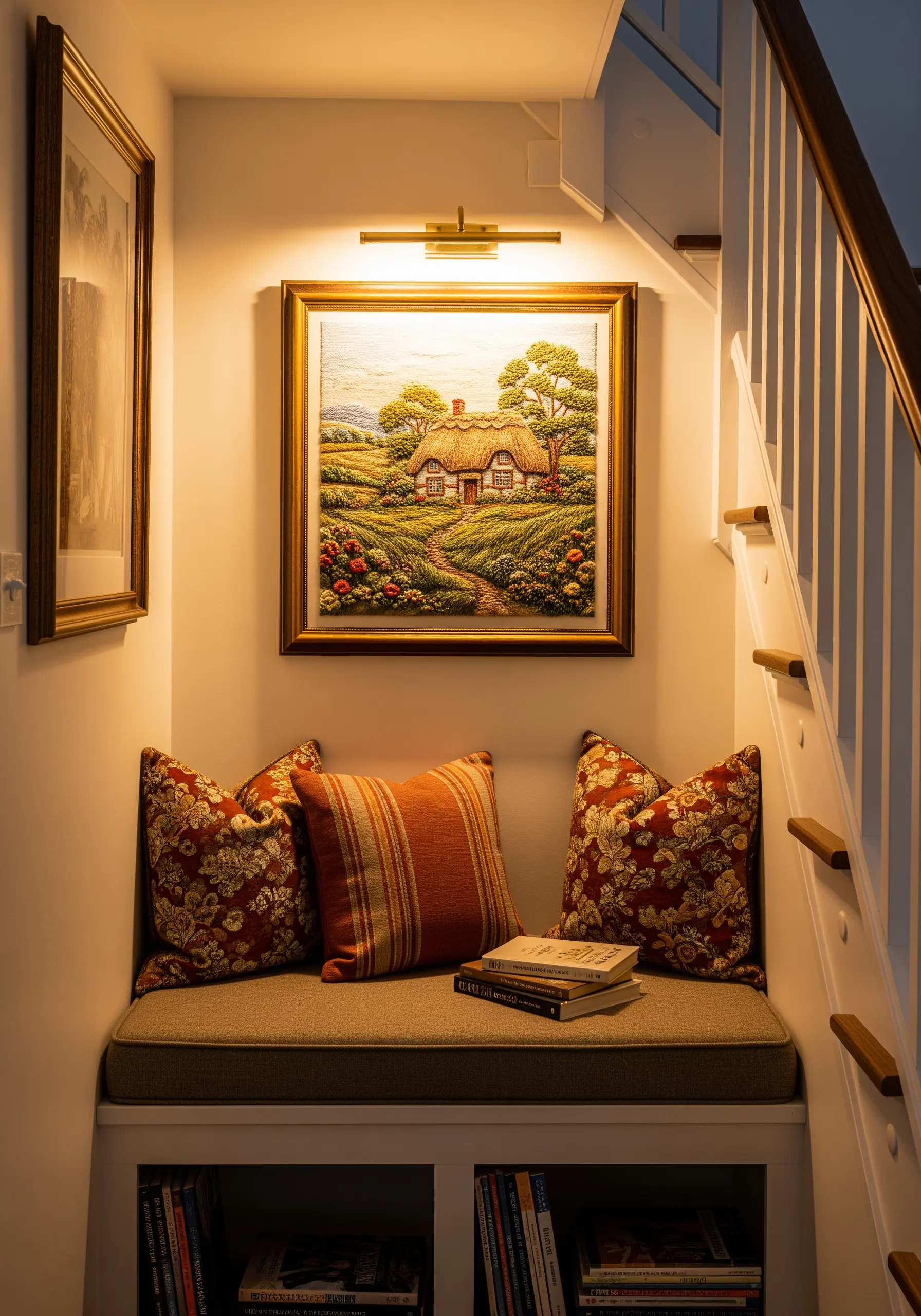 A framed, intricately embroidered landscape of a thatched cottage in a lush garden.