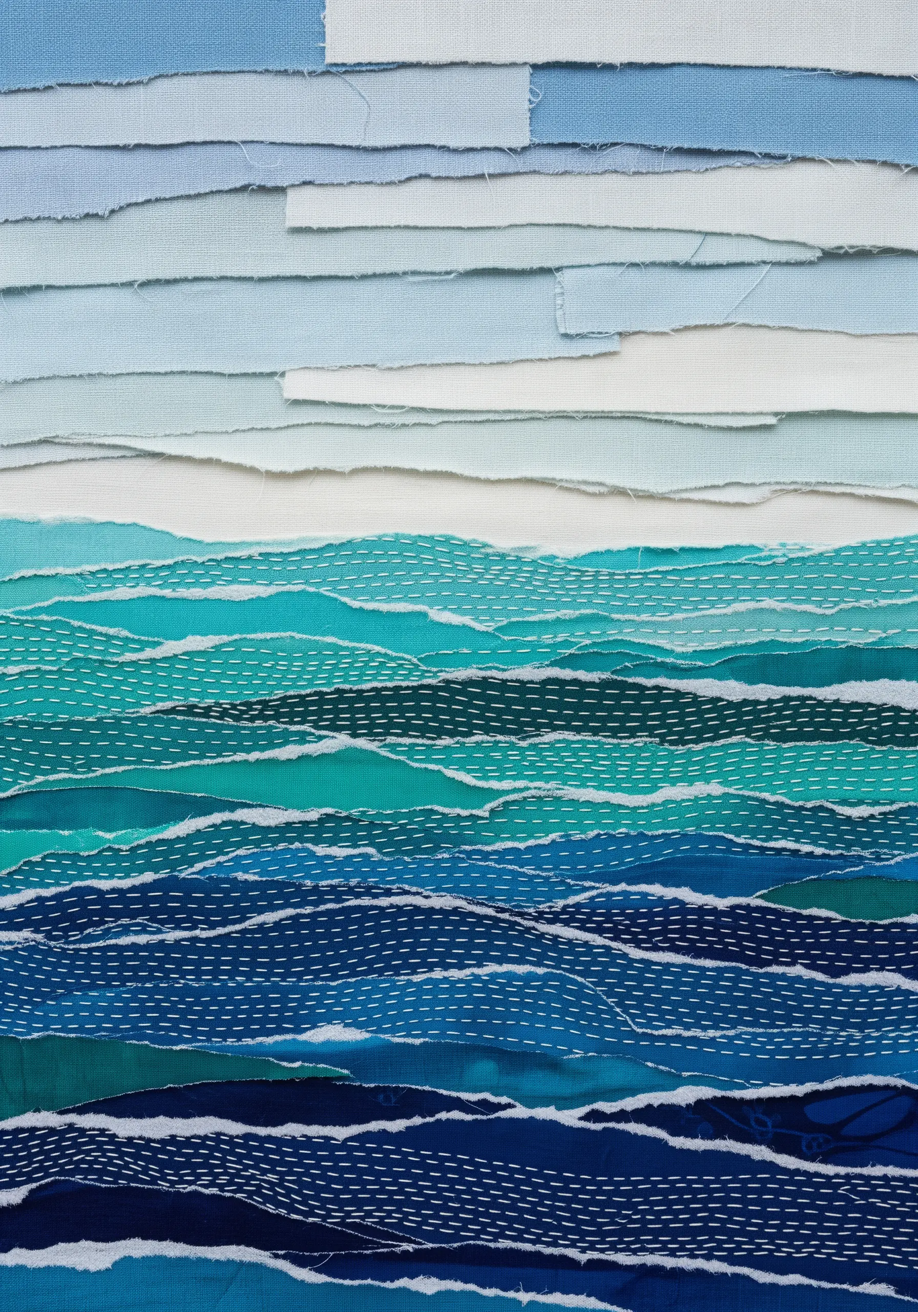 Abstract ocean collage made of torn blue and teal fabric strips with white running stitches.