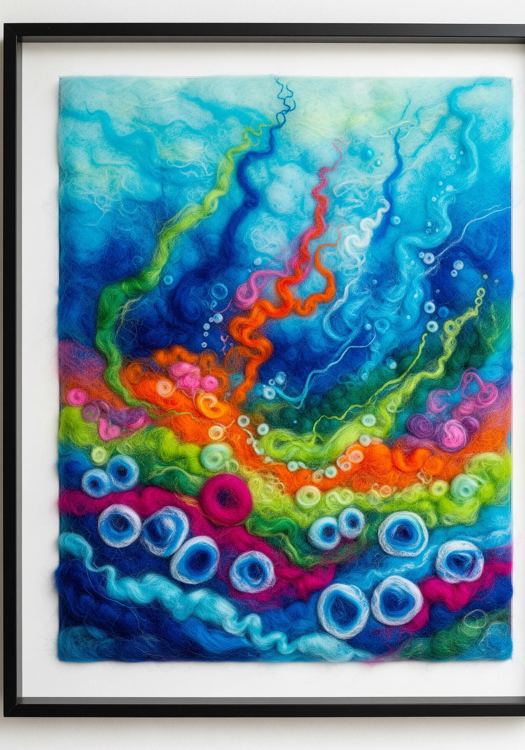 A framed piece of felted wool art showing a colorful, abstract underwater scene.