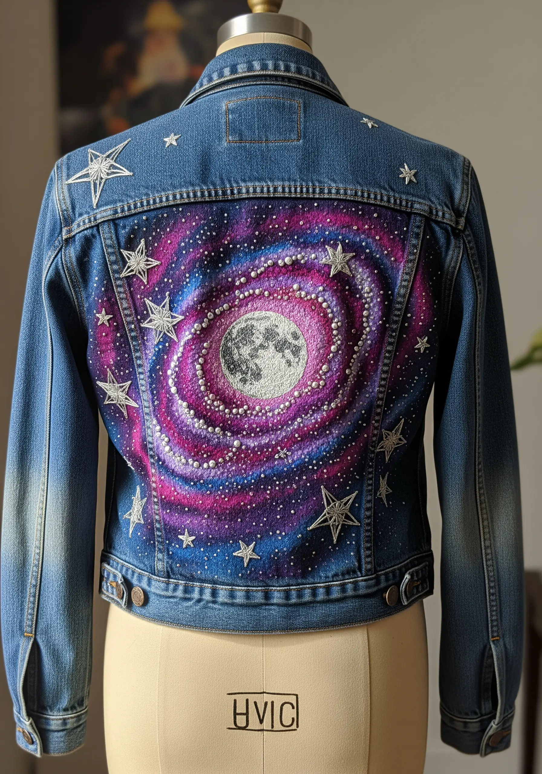 Embroidery and paint combined to create a galaxy with a moon and stars on the back of a denim jacket.
