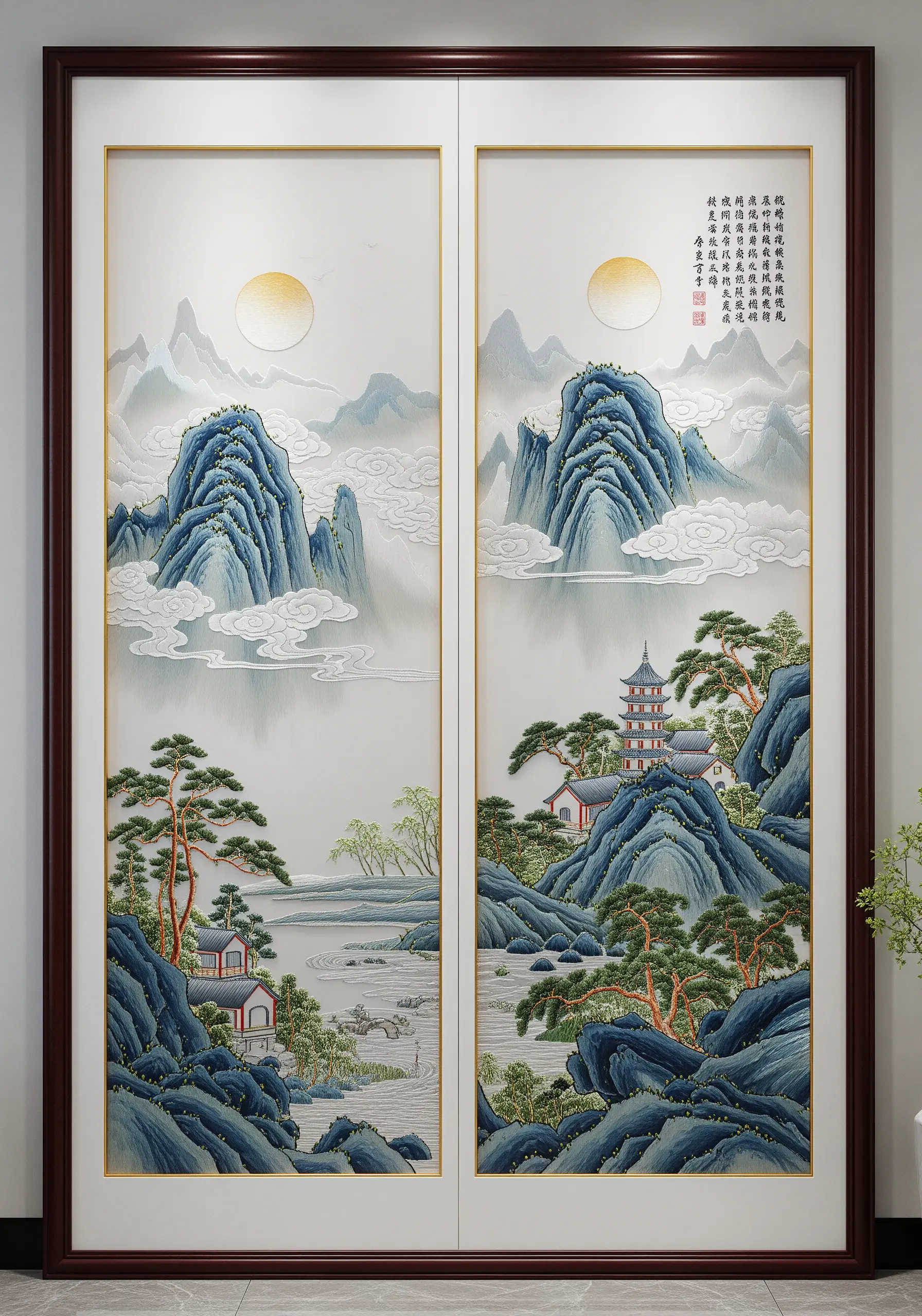 A large, two-panel silk embroidery depicting a traditional Chinese mountain landscape.