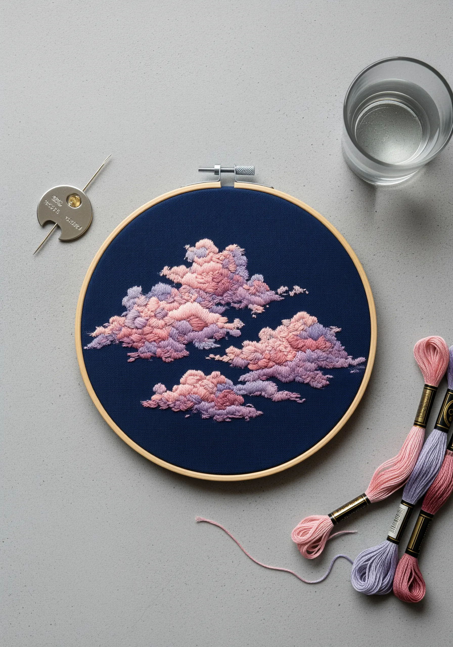 Embroidery of fluffy pink and purple clouds made of French knots on navy fabric