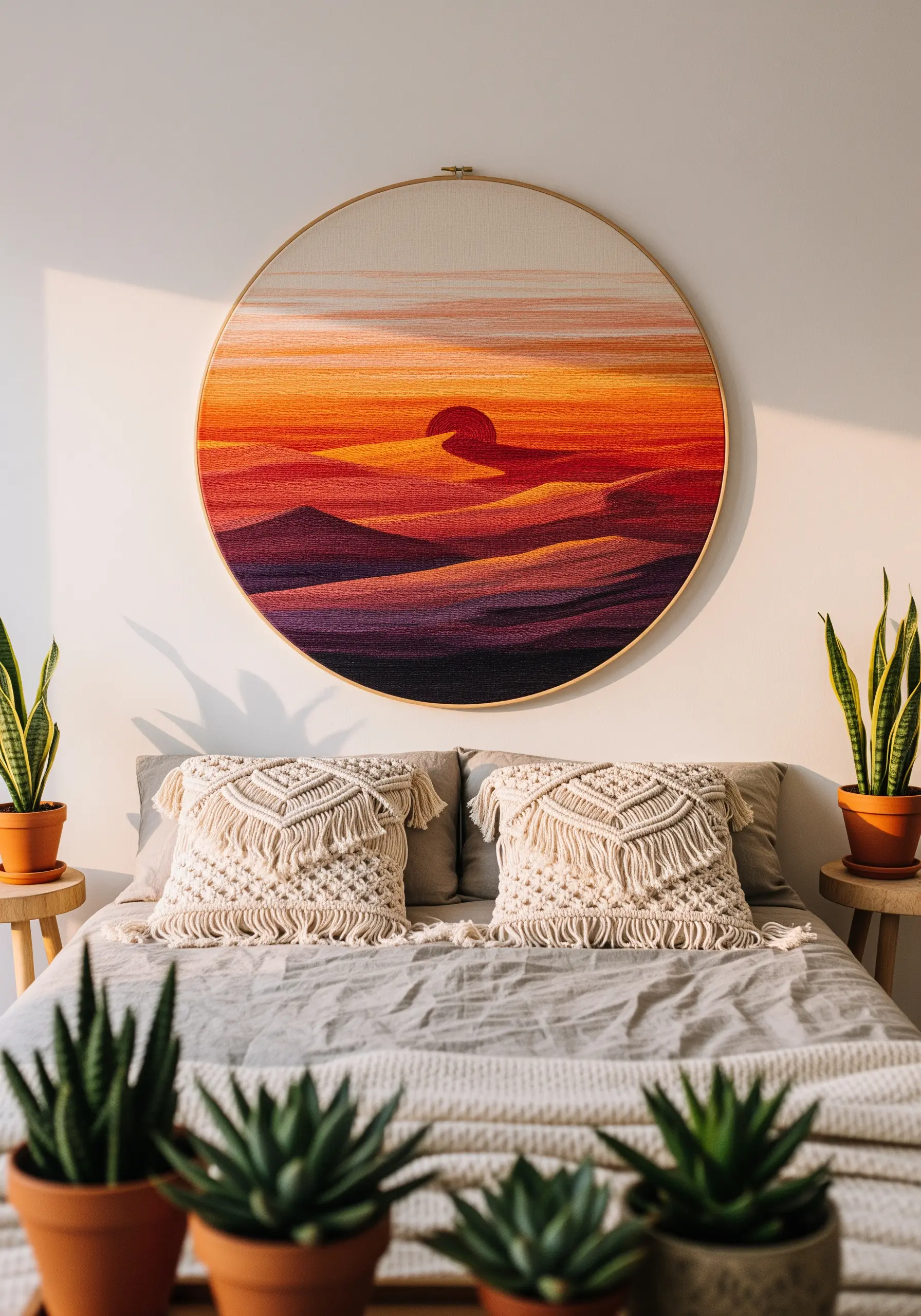 A large embroidery hoop displaying a thread-painted desert sunset with vibrant orange and purple gradients.