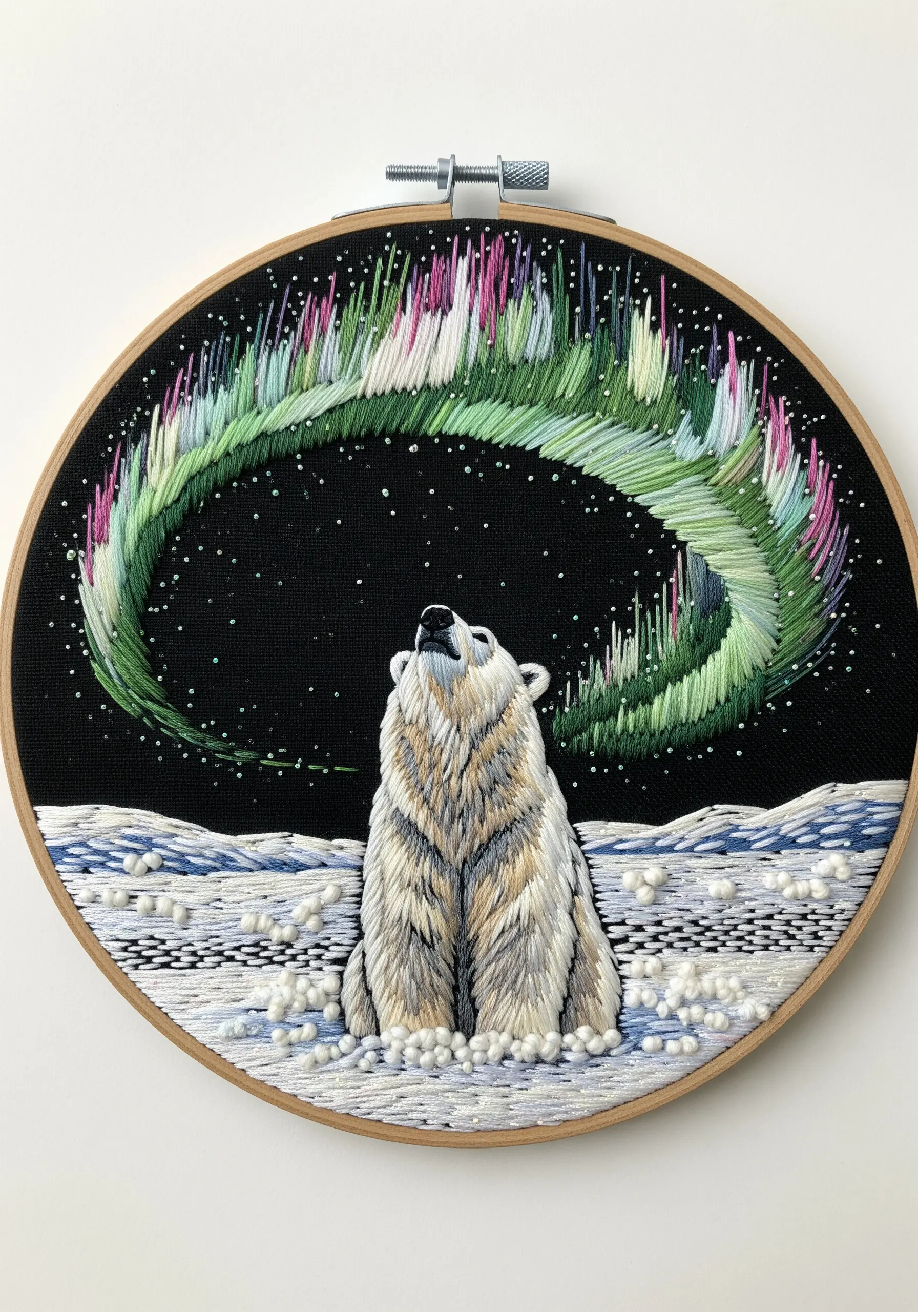 A polar bear looks up at an embroidered Northern Lights sky filled with colorful stitches.