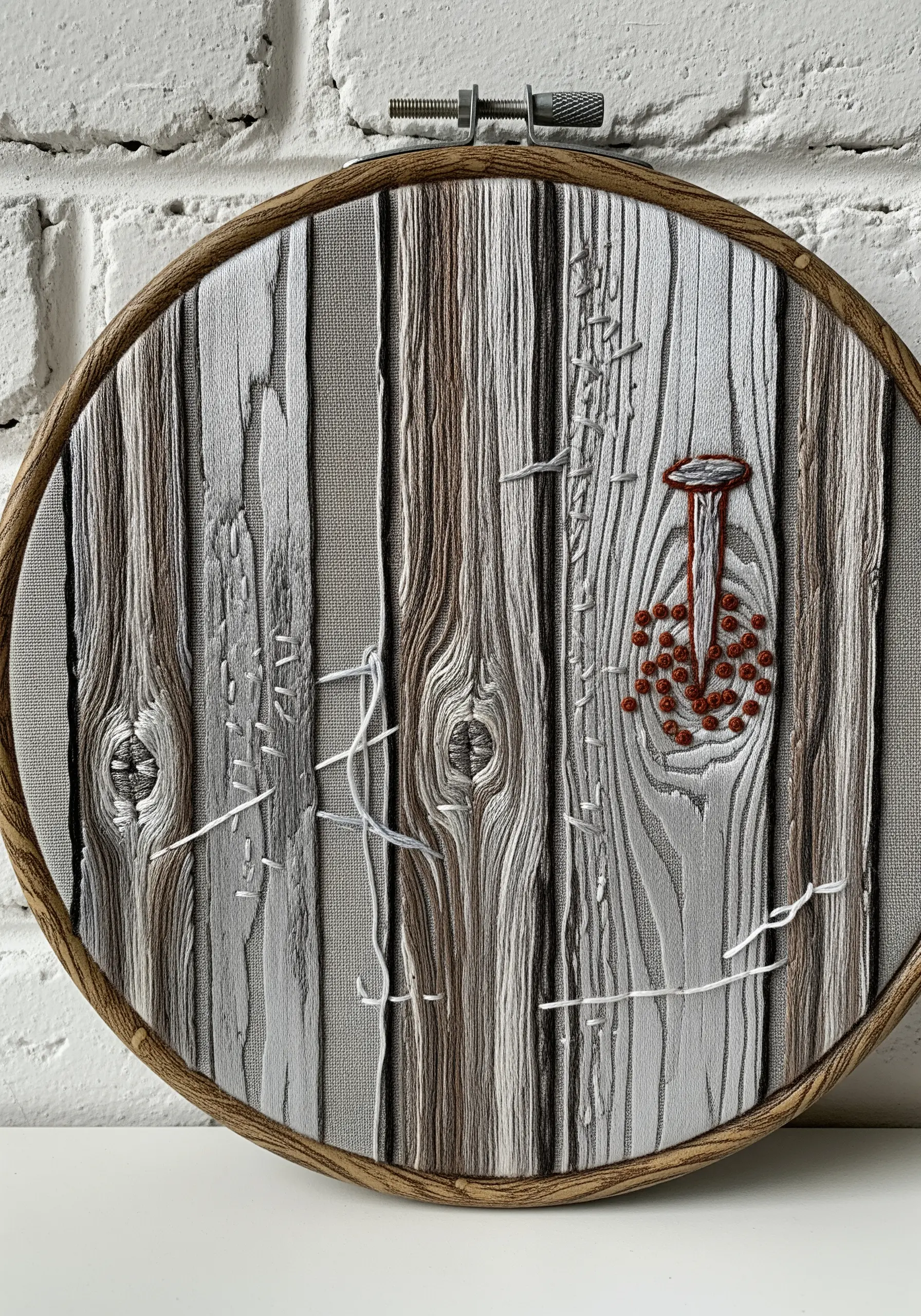 Realistic thread-painted wood grain with knots and an abstract red beaded motif.